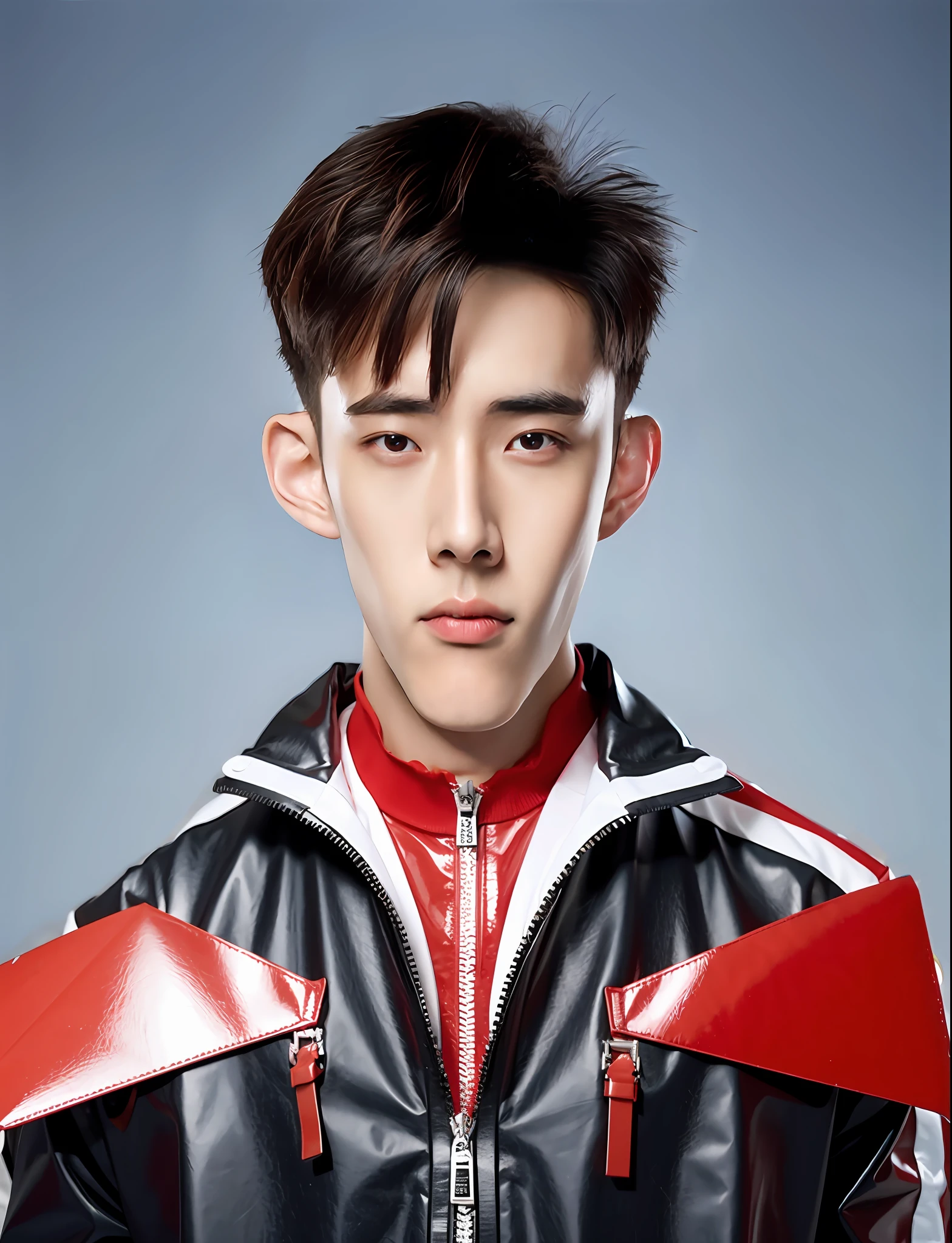 a high school boy,Wear PVC red envelope competition costume,There are zippers,greybackground