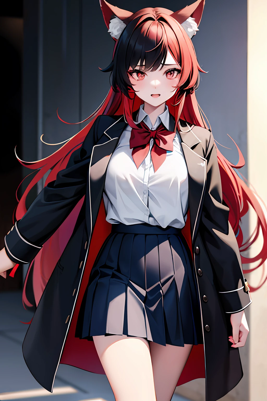 one-girl，There are wolf ears，One eye is red，Wolf tail，Black and red hair color，Wear a student uniform，White top，Blue coat，Red pleated skirt，stocklings，young ，full bodyesbian，Walking posture，Standing painting，