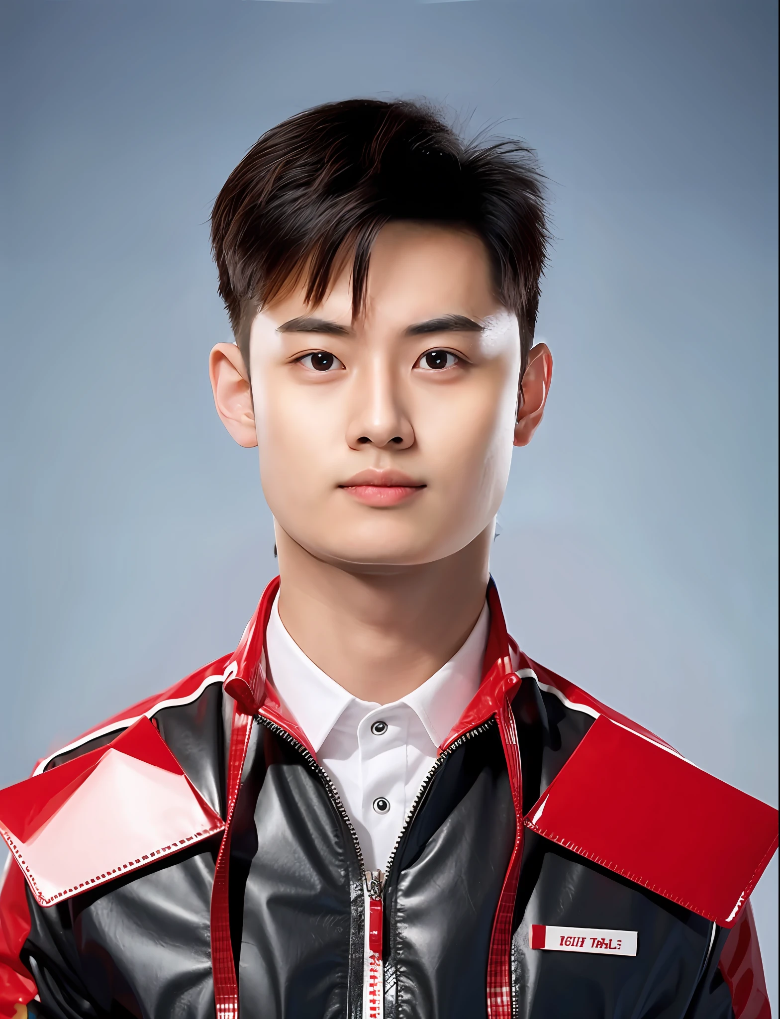 a high school boy，Wear PVC red envelope competition costume，There are zippers，greybackground