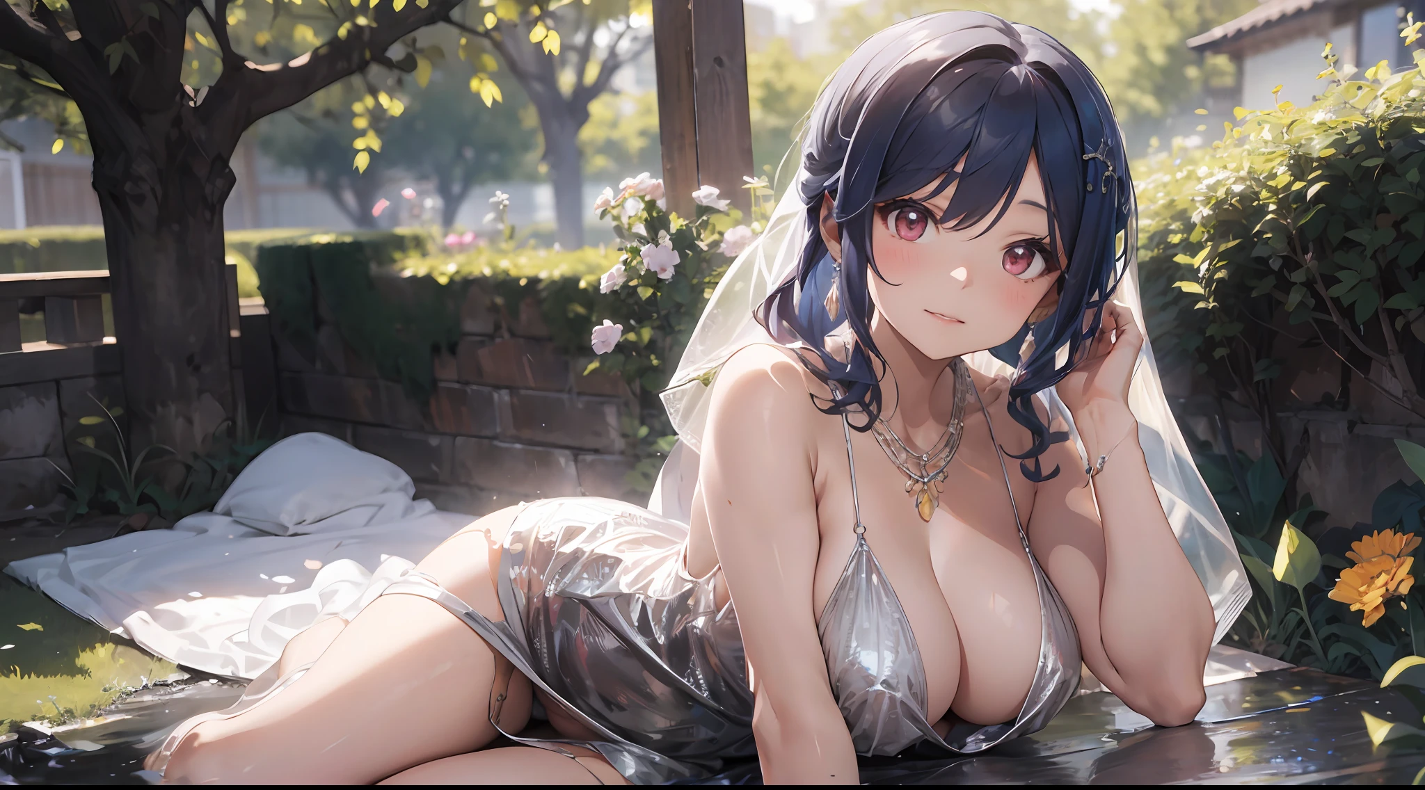 A woman in a white dress and veil poses in the garden, sexy gown, Wearing sexy lingerie, Sexy girl, revealing outfit, beautiful female bodies, intricate body, Open V chest clothes, smooth white tight clothes suit, laced lingerie, Translucent body, Japanese goddess, Sexy body, offcial dress, full covered dress, Sexy :8, Lingerie, opened dress,huge tit,blush,