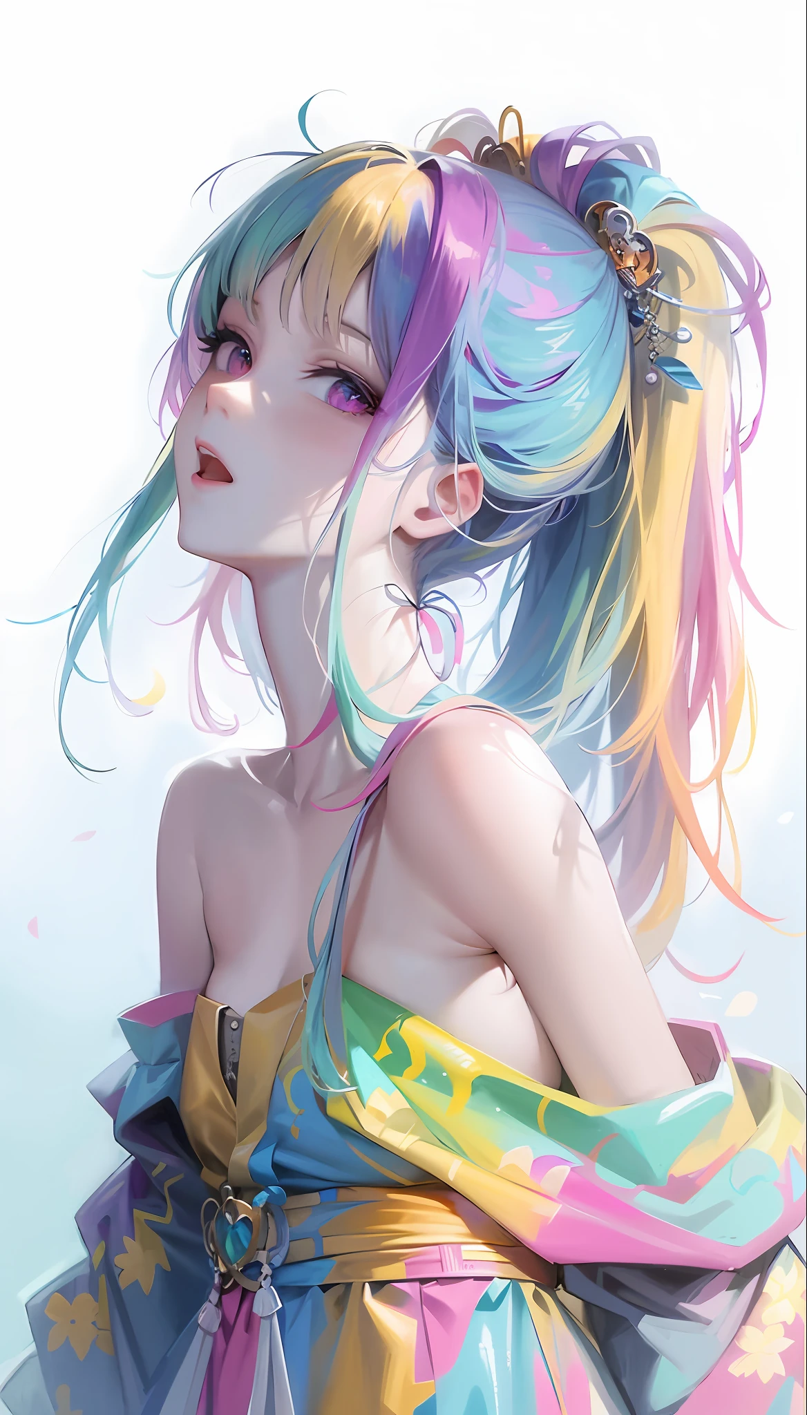 Anime girl with colorful hair and colorful dress、rossdraws pastel vivid、rossdraws cartoon vivid、Anime Style 4k、Beautiful Anime Portrait、artgerm colorful!!!、!Dream Art Germ、beautiful anime girl、digital art in anime style、Anime Art Wallpapers 4k、Anime Art Wallpapers 4k、digital anime art、extremely detailed art germ、big breasts、Delicate skin、