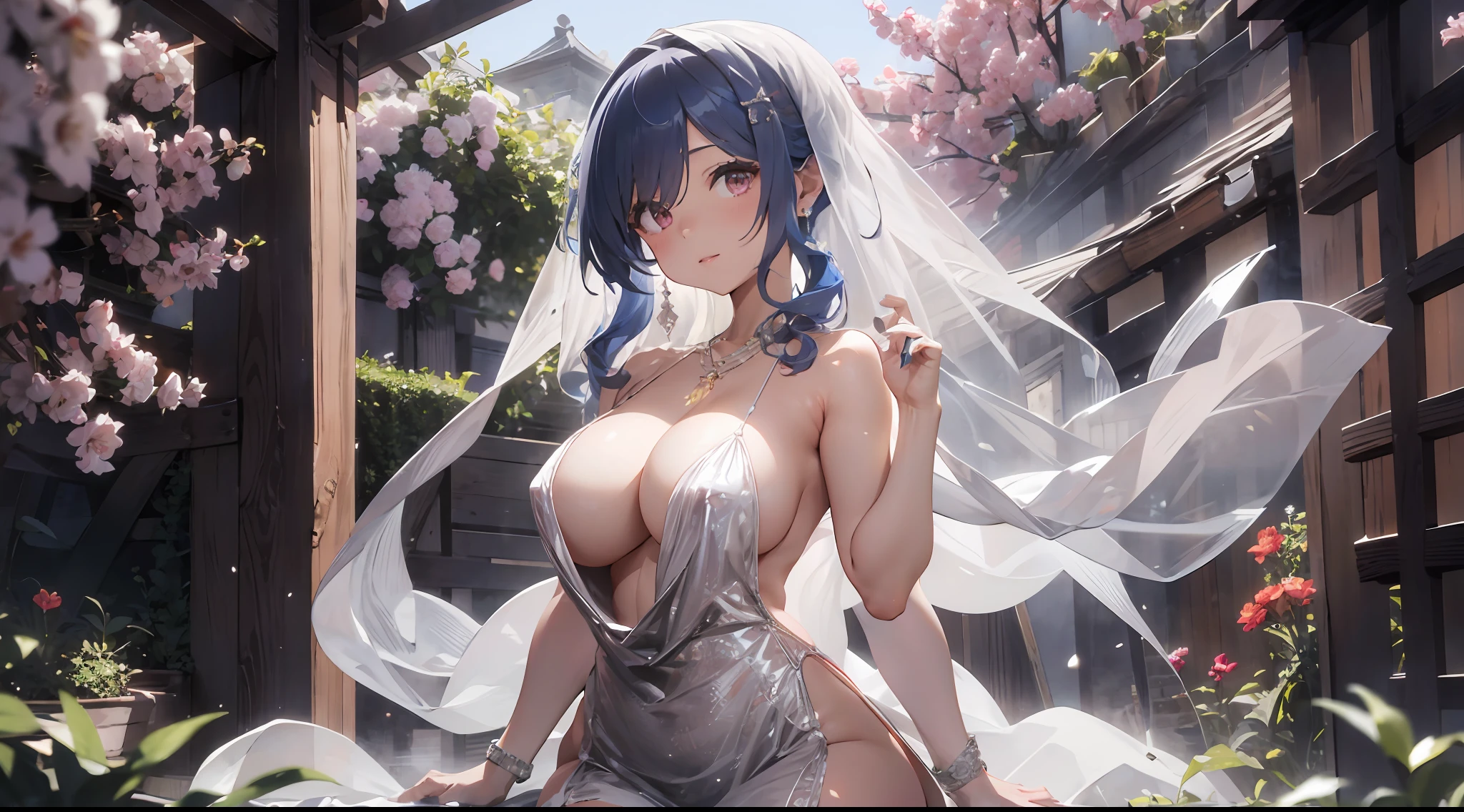A woman in a white dress and veil poses in the garden, sexy gown, Wearing sexy lingerie, Sexy girl, revealing outfit, beautiful female bodies, intricate body, Open V chest clothes, smooth white tight clothes suit, laced lingerie, Translucent body, Japanese goddess, Sexy body, offcial dress, full covered dress, Sexy :8, Lingerie, opened dress,huge tit,blush,