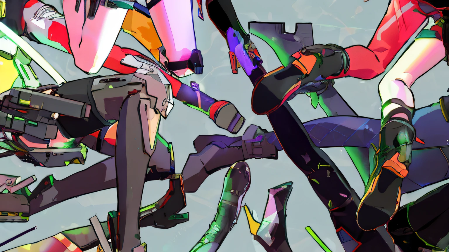 Anime characters fly in the air with open arms, mecha limbs, cybernetic limb, Cybernetic legs, Kill Pull Kill illustration, neon scales and cyborg tech, style of ssss.gridman (2018), very coherent stylized artwork, hyper detail illustration, futuristic but colorful shading, Digital cyberpunk anime art, jet set radio artwork,jk,foot,leg,beauty