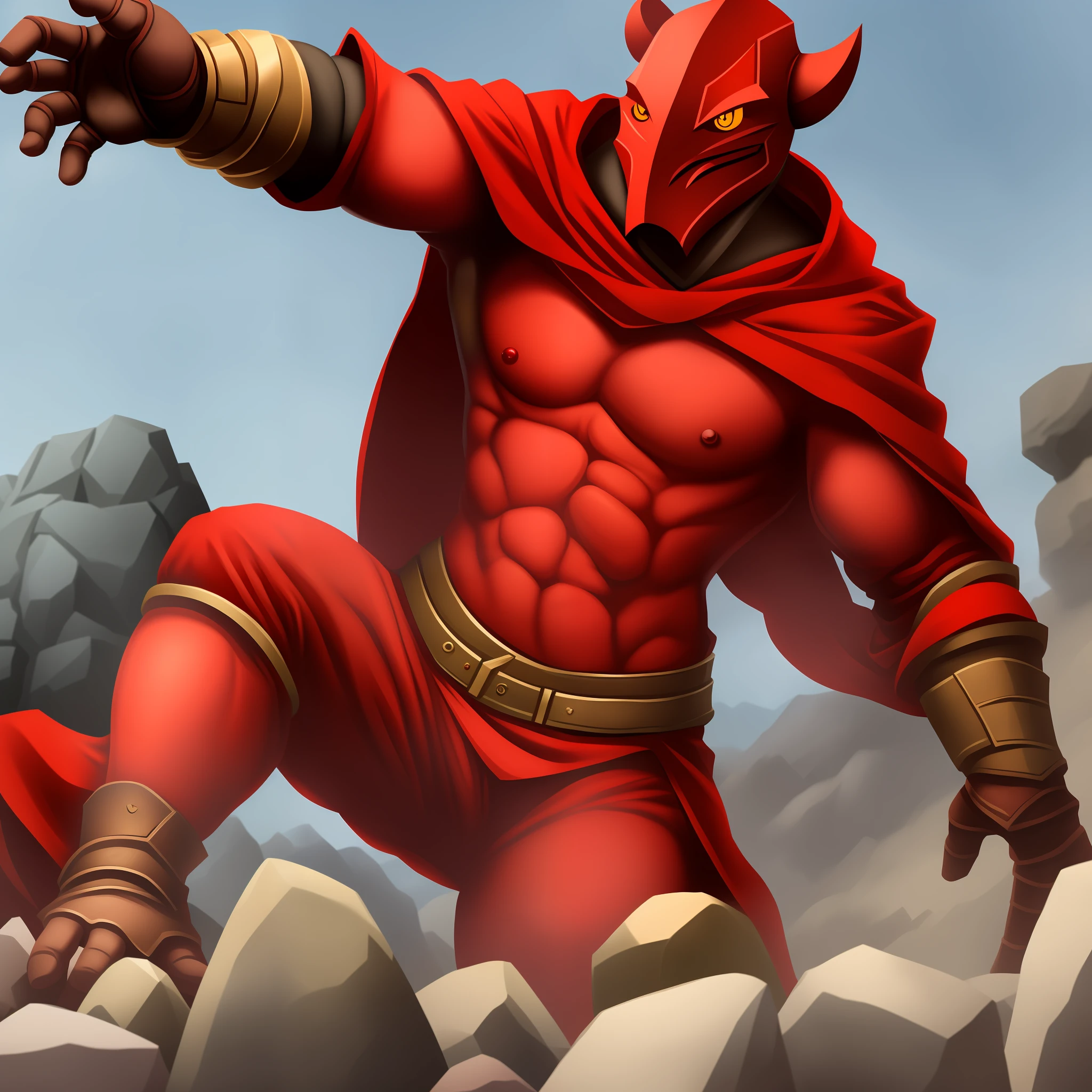 Red Dragonborn wearing a cape holding some rocks