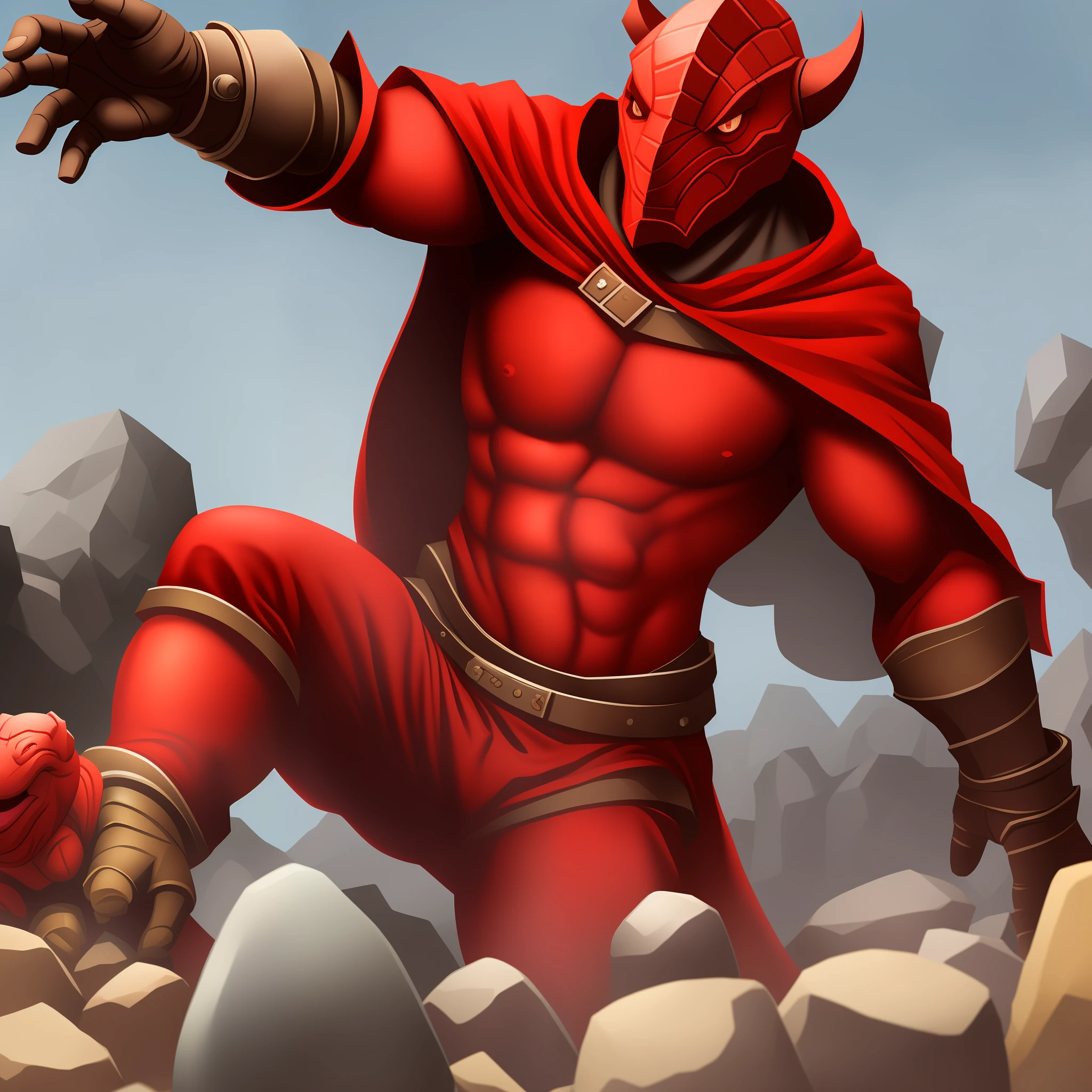 Red Dragonborn wearing a cape holding some rocks