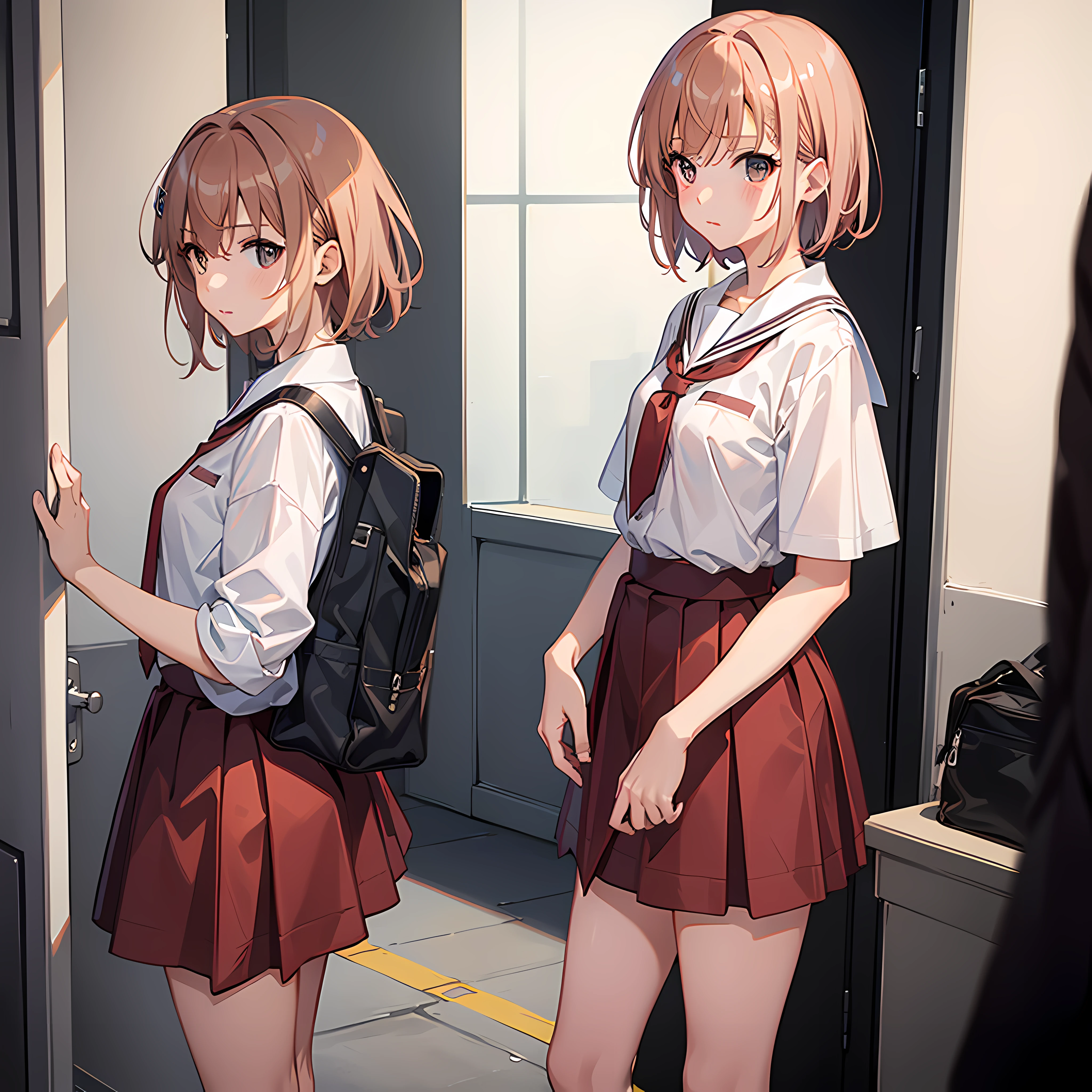 1girl, The Masterpiece, best qualiy, Misaka_mikoto, brown eyess, Short_hair, Medium_Breast, looking at the viewers, 独奏, Closed_Mouth, collars_Shirt, School_uniform, shirts, whited_Shirt, , class room, full bodied, miniskirts