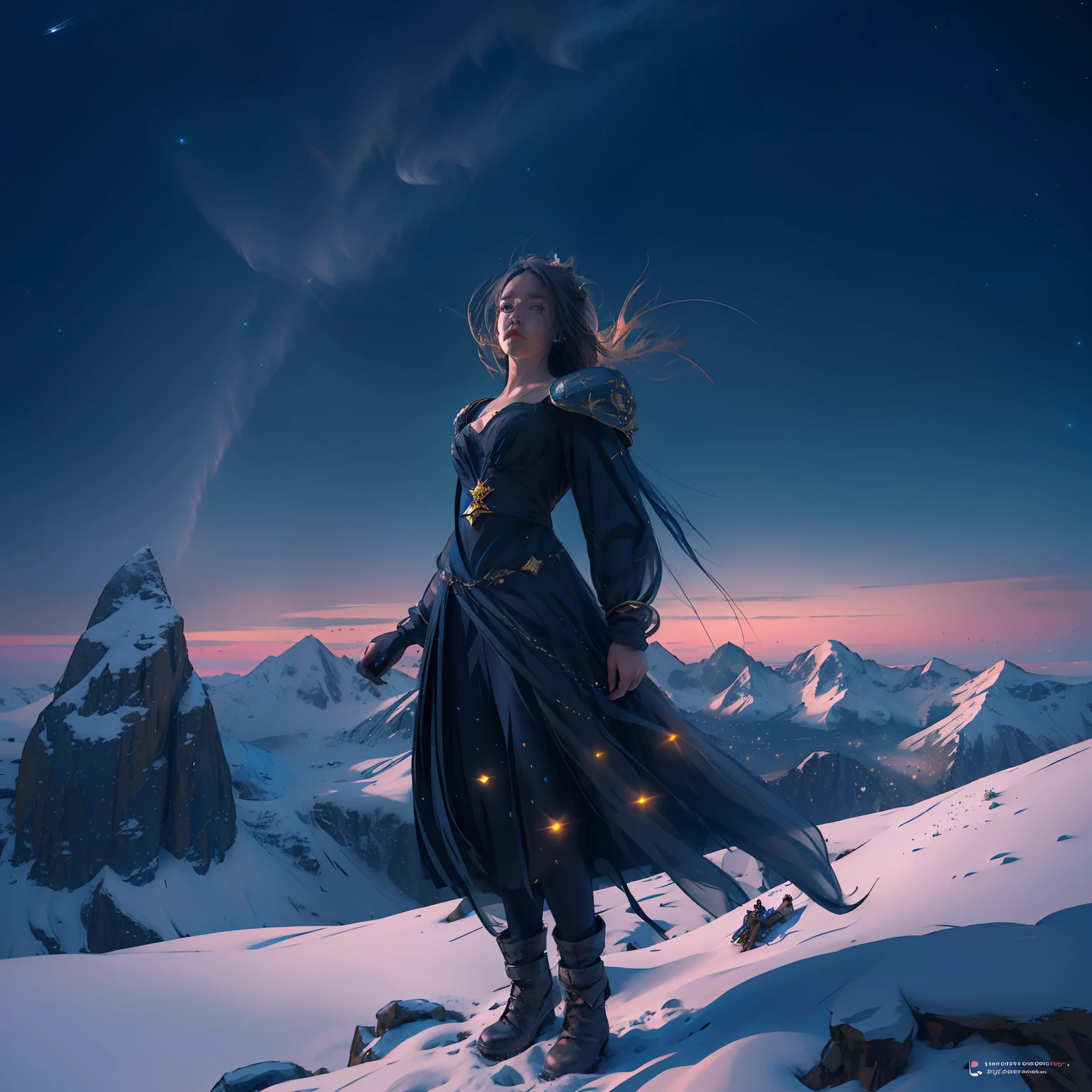 A young sorceress named Lila standing on a secluded mountain, gazing up at the starlit night sky with a sense of wonder and curiosity. , Stars , cosmos, accurate, beautiful eyes, night sky , nature , mountains,