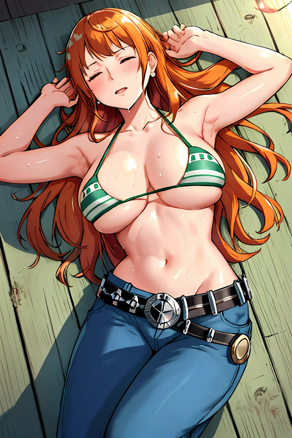 ship deck detailed background, top view shot, masterpiece, 4k, epic, best quality, late youth, adult, milf, athlete body, 1girl, ((wide open mouth, on deck floor, completely lying down, lying down on her back, knocked out, closed eyes, left hand straight left, right hand straight right)) , solo, nami \(one piece\), 1girl, bangle, (very wet, drenched in sweat, sweat all over body, very missy hair, tired, open mouth, exhausted, sweaty face, sweaty body, bruises, injury, feeling hot, sweating too much, blushing, shiny sweat, serious, hurt, glaring, closed eyes, looking up, perfect detailed face, round face, sweat on face) bold drawing lines, muscular arms, detailed bold arm lines, flat jaw, adult woman, wavy wide streaked bangs, floating bang, (big cheeks), bare shoulders, off-shoulders, belt, bikini, bikini top only, bracelet, springy breasts, breast lines, big round eyes, very big brown shiny eyes, bubbles, high eye position, cleavage, day, denim, earrings, floating hair, shiny hair, green belt, green bikini, bold groin lines, jeans, jewelry, medium breasts, log pose, long hair, looking at viewer, long navel, wet hair, orange hair, pants, shoulder tattoo, sidelocks, sky, solo, stomach, swimsuit, tattoo, detailed arms, big forehead, hourglass figure, small head, toned body, wide hair, wind effect, sun effect, under the sun, narrow small ears angle, older