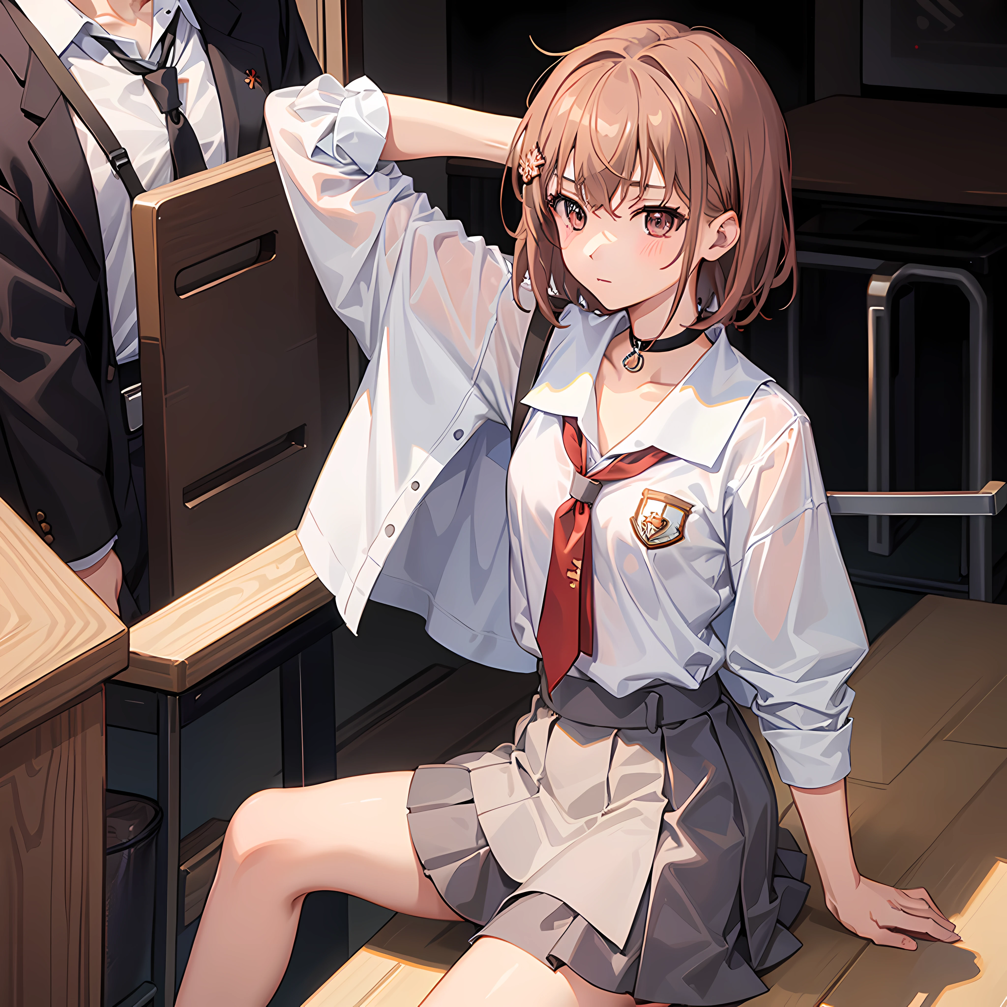 1girl, The Masterpiece, best qualiy, Misaka_mikoto, brown eyess, Short_hair, Medium_Breast, looking at the viewers, 独奏, Closed_Mouth, collars_Shirt, School_uniform, shirts, whited_Shirt, , class room, full bodied, miniskirts