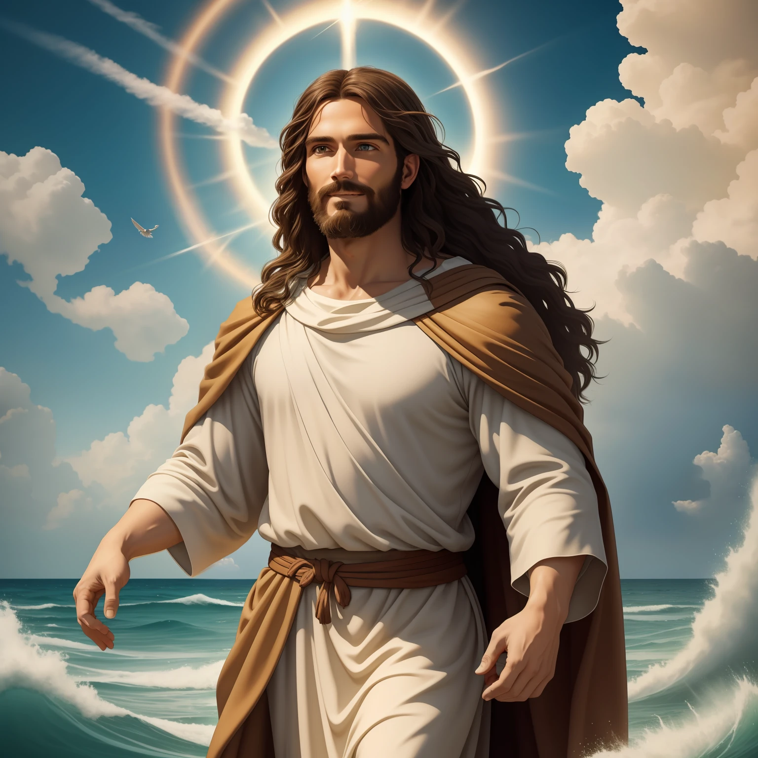 Real Jesus flying on sky with a flying cloud in the background, Jesus walking on water, biblical illustration, epic biblical representation, forcing him to flee, coming out of the ocean, ! holding in hand!, disembarking, god of the ocean, beautiful representation, 8k 3D Model, realistic,
a 3D Realistic of jesus with a halo in the sky, jesus christ, smiling in heaven, portrait of jesus christ, jesus face, 35 young almighty god, portrait of a heavenly god, greg olsen, gigachad jesus, jesus of nazareth, jesus, the face of god, god looking at me, he is greeting you warmly, he is happy, avatar image