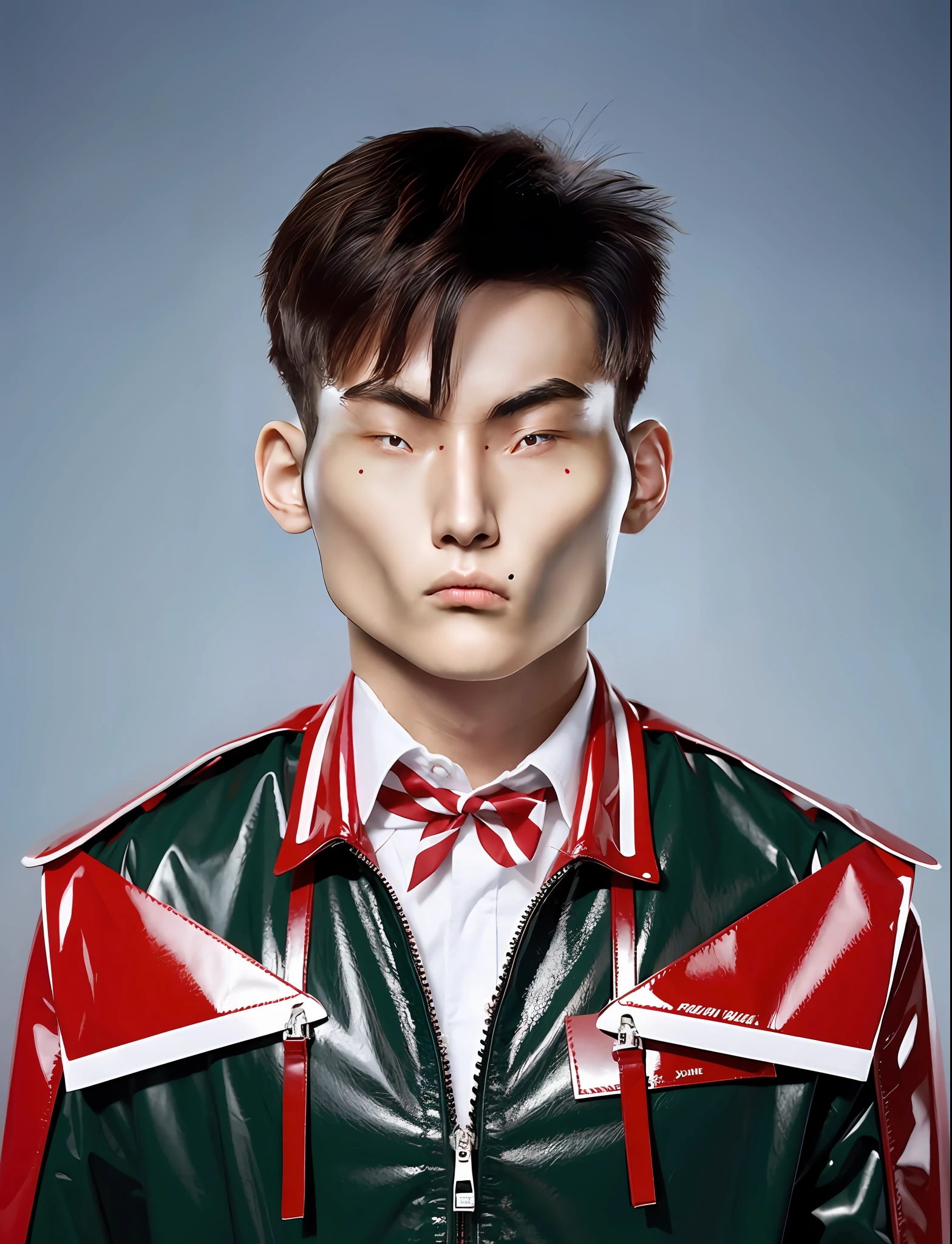 a high school boy,Wear PVC red envelope competition costume,There are zippers,greybackground