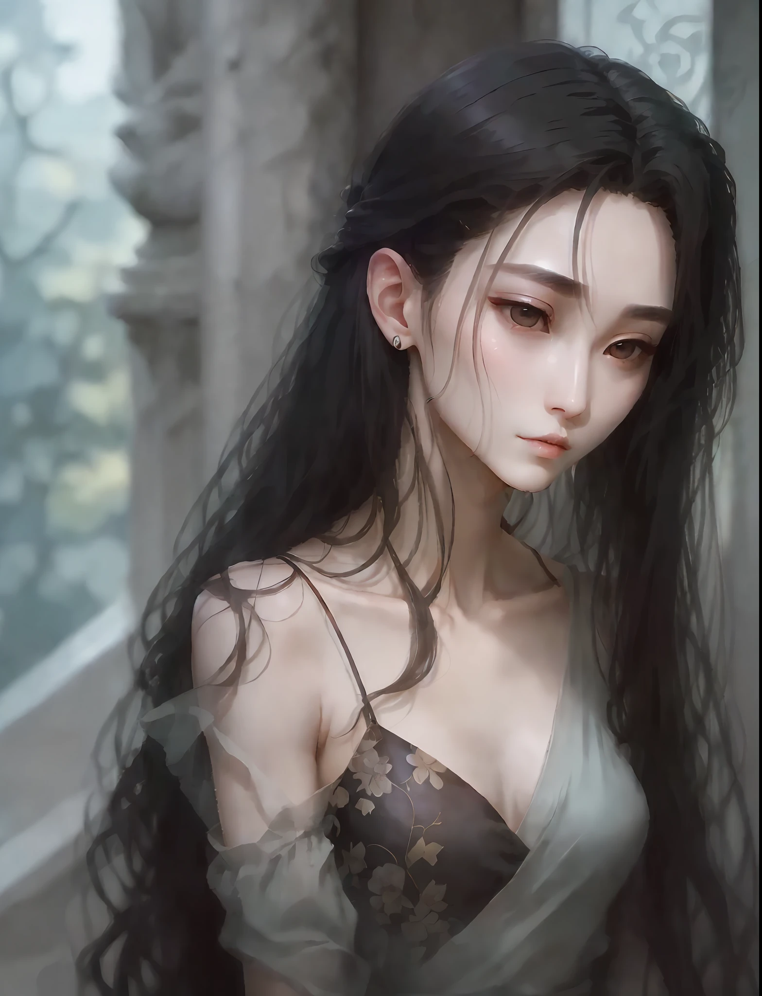 Slender narrow eyes。fine-grained fair skin。Plump cheeks。Long black hair with a smooth sheen。the body shape is slender。smaller face。A small nose with a nasal muscle。Gentle mouth。 --auto --s2
