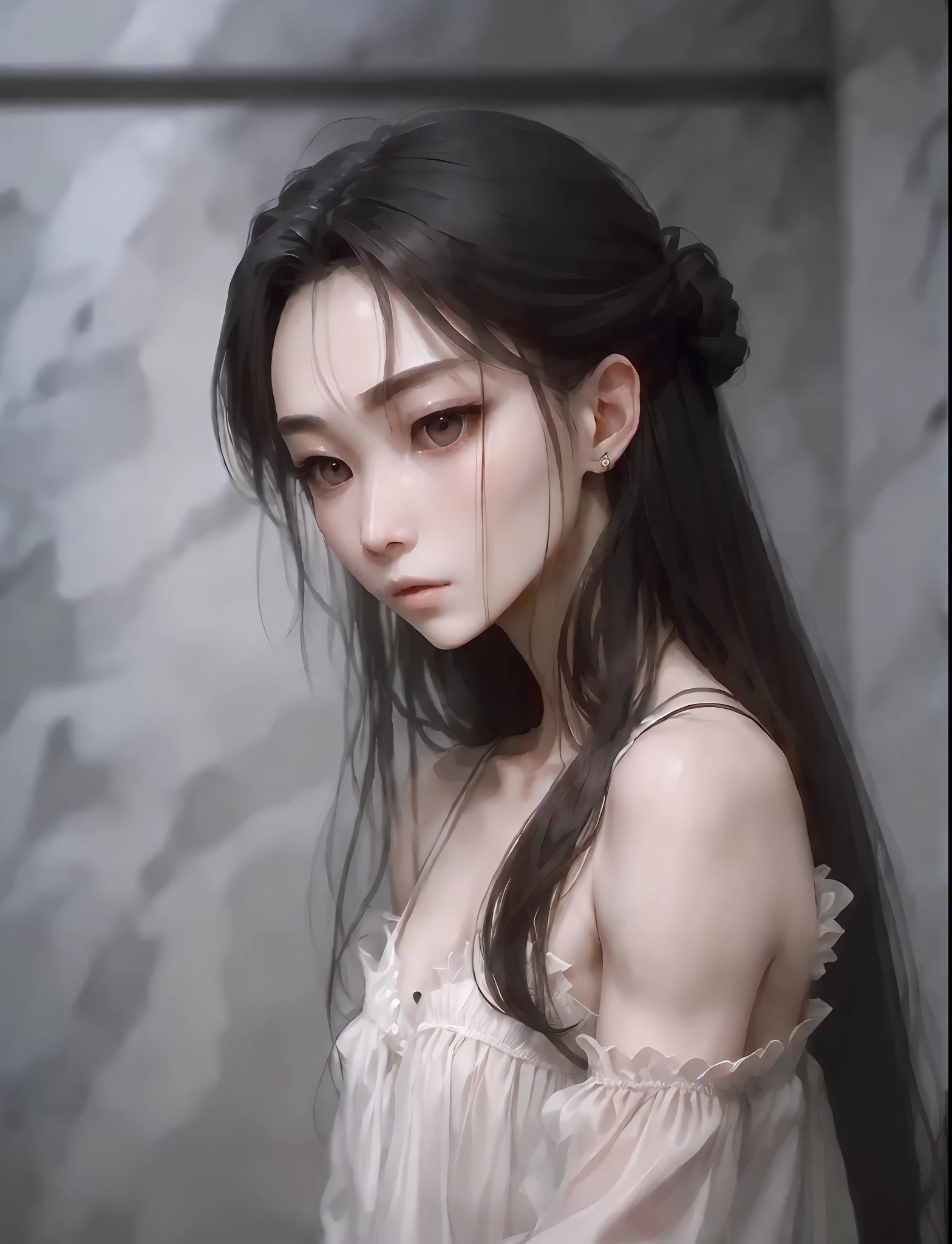 Slender narrow eyes。fine-grained fair skin。Plump cheeks。Long black hair with a smooth sheen。the body shape is slender。smaller face。A small nose with a nasal muscle。Gentle mouth。 --auto --s2