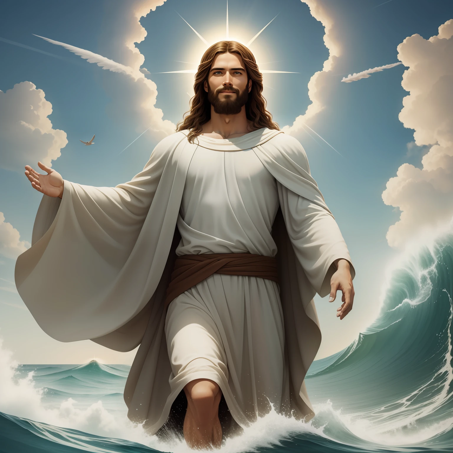 Real Jesus flying on sky with a flying cloud in the background, Jesus walking on water, biblical illustration, epic biblical representation, forcing him to flee, coming out of the ocean, ! holding in hand!, disembarking, god of the ocean, beautiful representation, 8k 3D Model, realistic,
a 3D Realistic of jesus with a halo in the sky, jesus christ, smiling in heaven, portrait of jesus christ, jesus face, 35 young almighty god, portrait of a heavenly god, greg olsen, gigachad jesus, jesus of nazareth, jesus, the face of god, god looking at me, he is greeting you warmly, he is happy, avatar image