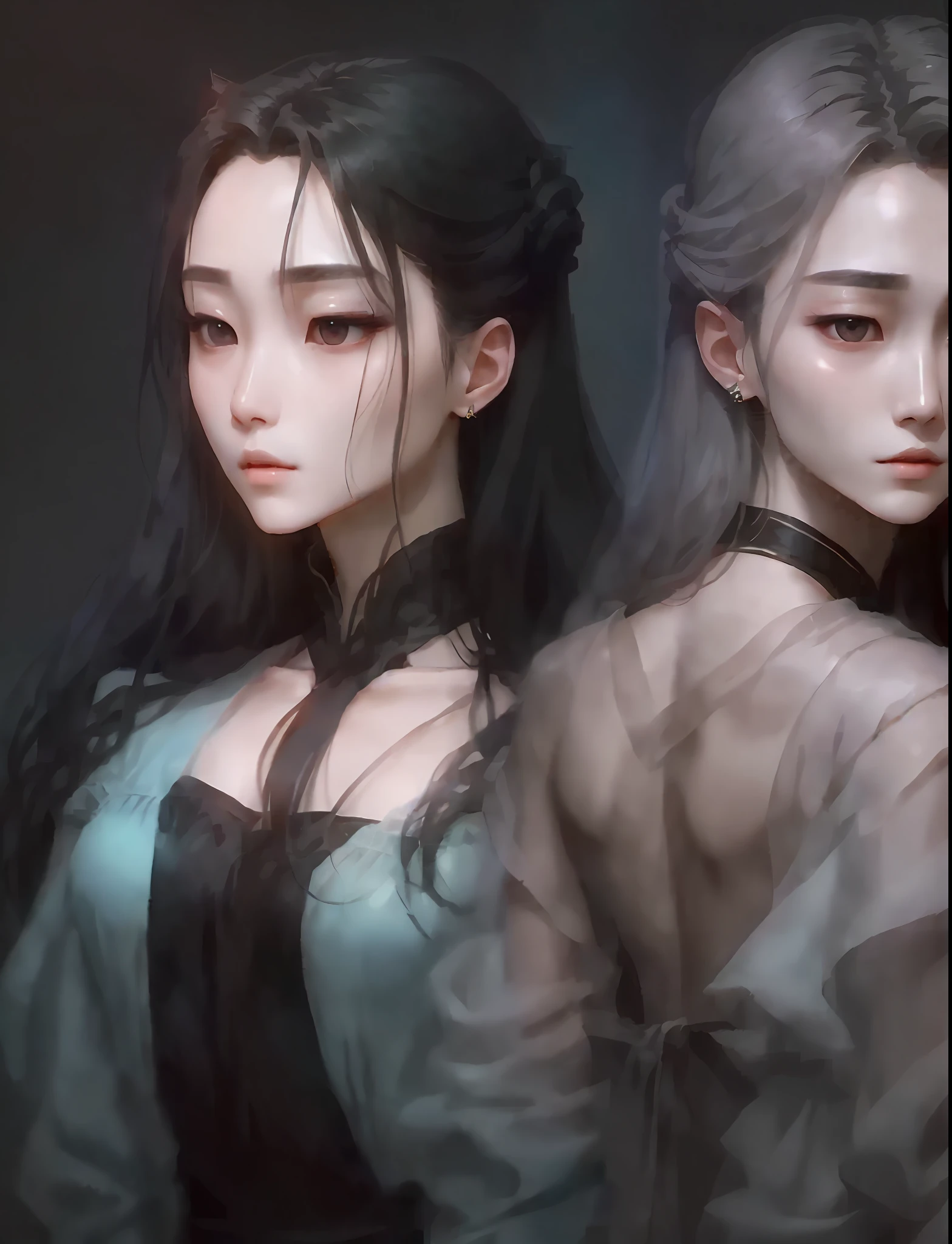 Slender narrow eyes。fine-grained fair skin。Plump cheeks。Long black hair with a smooth sheen。the body shape is slender。smaller face。A small nose with a nasal muscle。Gentle mouth。 --auto --s2