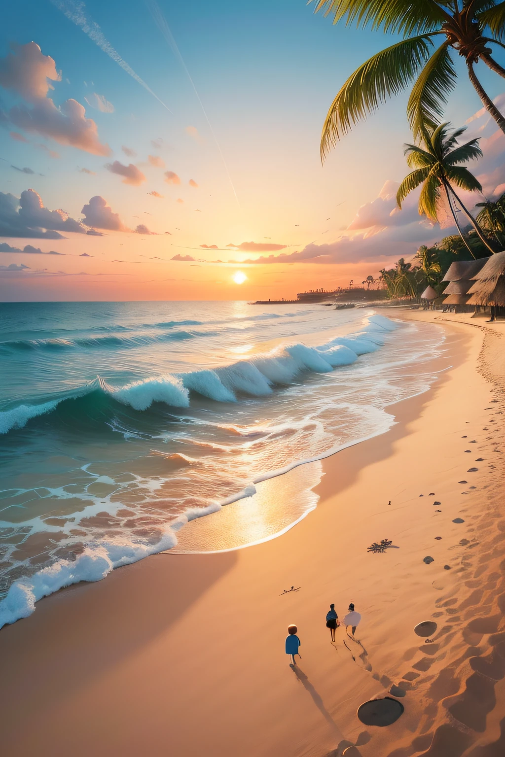 (digitial painting),(best qualtiy),By the sea in summer,sandbeach,thatched hut,coconut palms,Grandpa accompanied grandma for a walk on the beach in the sunset,The vision is warm and romantic,hand painted style,The perspective is square,Faraway view