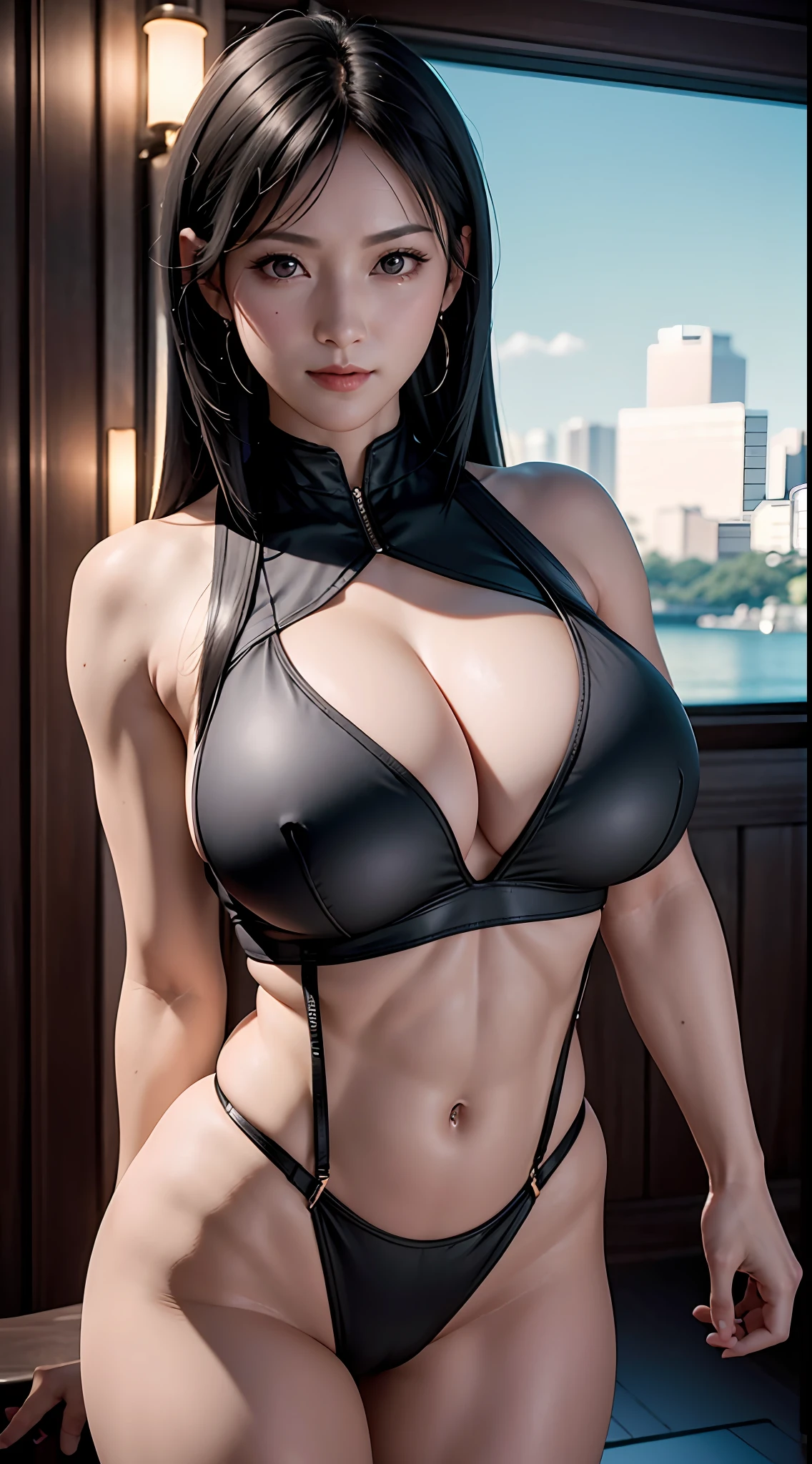（tmasterpiece）， （best qualtiy）， 8K分辨率， ultra - detailed， photorealestic， photore， femele， Short black hair，Eight-pack abs，Expose abs，with a well-proportioned body，Toned arms，3DMM style，White sexy super high fork super deep V three-piece swimsuit，fully body photo，Body facing the camera，arms stretched wide，She has incredibly huge breasts,  Firm, full, huge breasts，中景 the scene is