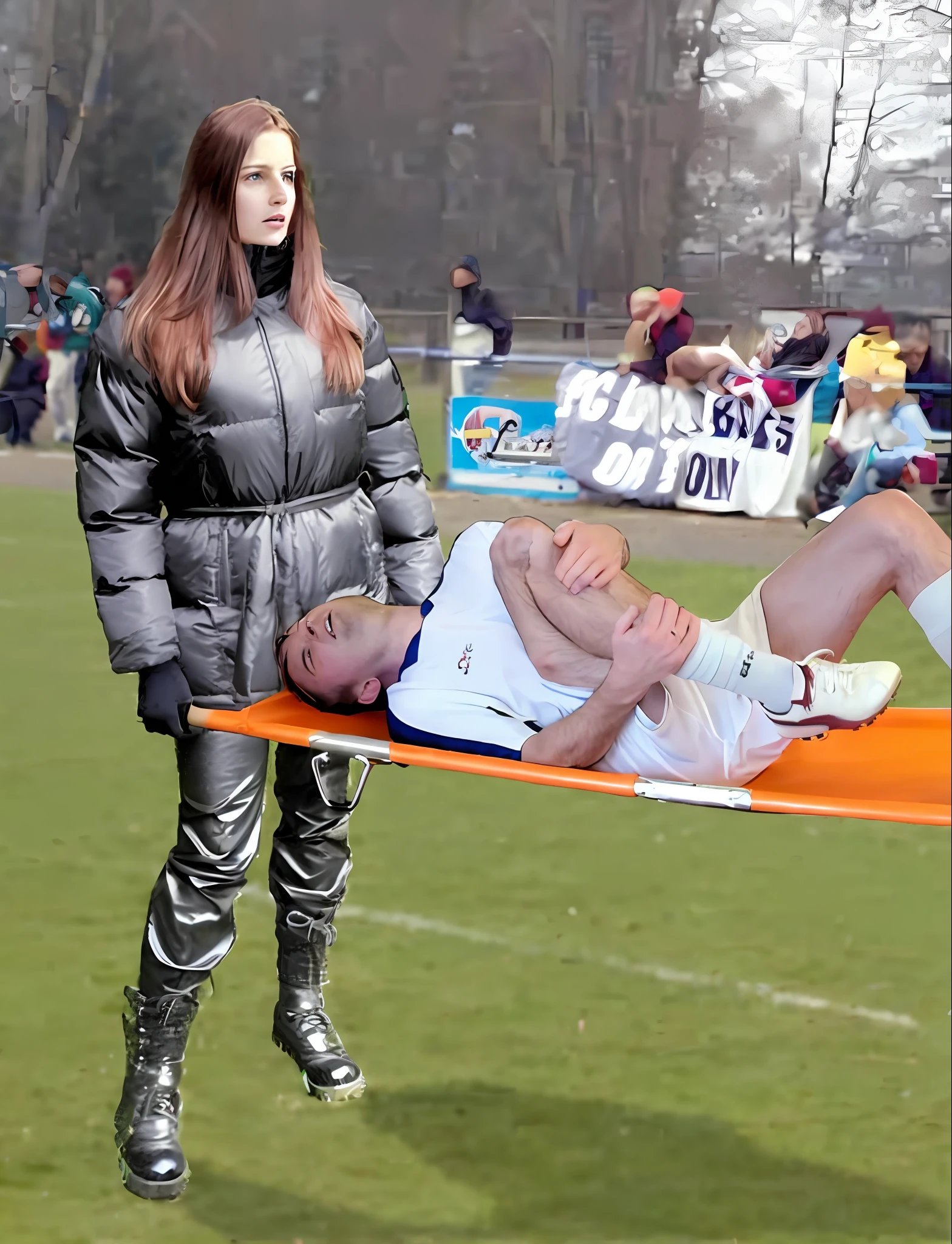 Photography of an injured sportsman on a stretcher being carried by a longhaired blond woman in a long black down coat, a young male soccer player in short sportswear is lying on his back on a stretcher and is grabbing his shin with his hands, hyperralistic, very realistic, ultrarealistic photorealistic, pgoto, photoreal, a young woman is wearing a high shine black downcoat an dis holding a stretcher inside a sports stadium, a young madeup blond woman in a high-shine padded coat is shouting out for help and has a very sad and furious expression in her face, a sportsman is lying on a stretcher and has a very painful and suffering face, a young sportsman on a stretcher with a very painful expression in his face, dramatic action pose, sports accident, injury scene, theatralic pity pose, pity pityful, pain, a sportsman is lying on a stretcher and is crying in pain, a young madeup woman in a shiny coat is carrying a man on a stretcher inside a sports stadium, sports scene, stadium