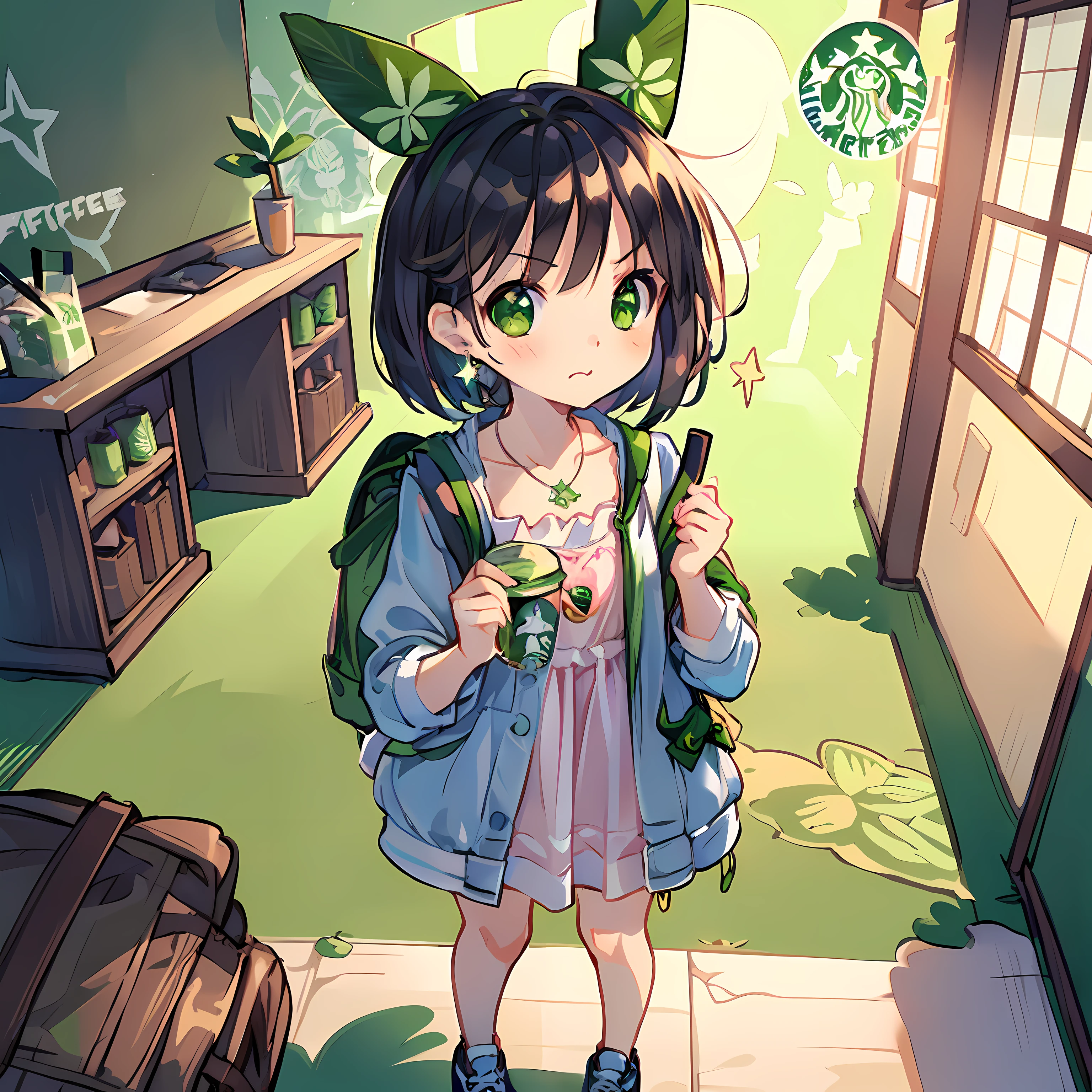 (Highly detailed CG Unity 8k wallpaper), (Best Quality), (Super Detail), (Best Illustration), (Best Shadow), POV, Realistic lighting and shading, Natural light, Lens flare effect, BREAK, 1 beautiful girl, Solo,(Cute:1.5),(Chibi:0.8), (kawaii:1.5),(Lori:0.5), BREAK, ((girl, Cute, Cheerful, face, slightly bulging chest,(A dark-haired,Disheveled short bob,tareme:1.2), gleaming skin, Stuffed rabbit,BREAK,(rucksack:1.2), (Denim jacket over floral dress:1.2), (White rabbit ear headband:1.0), (Black sneakers:1.0), (star-shaped earring:1.1), (a necklace:1.3), (A surprised face when he saw his sister fall,The face is pale, Staring ,empty mouth:1.1), (Drinking matcha big size:1.3), (Starbucks Background:1.3),(in a house:1.5),
