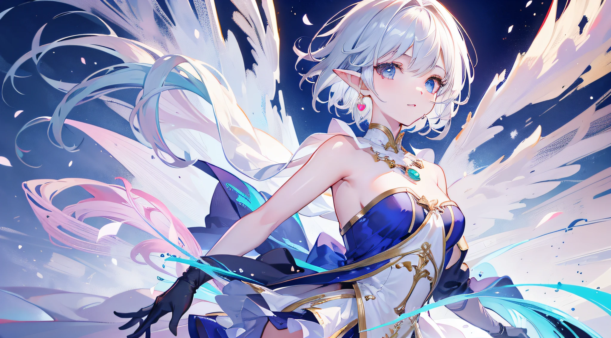 Cute elf girl，short detailed hair，With Ultra HD details，Professional lighting and lighting。Tall and sexy，Delicate stockings，Tight skirt，A pair of delicate earrings，Delicate necklace，A light breeze，Brighter scenes，More refined facial features，eyes with brightness，Exquisite Hair，Light smile, Gradient hair, anaglyph, tachi-e, Atmospheric perspective, High detail, Anime, Chiaroscuro, full bloom, Ray tracing, Perspective, Super detail, ccurate, Best quality, Textured skin, Anatomically correct