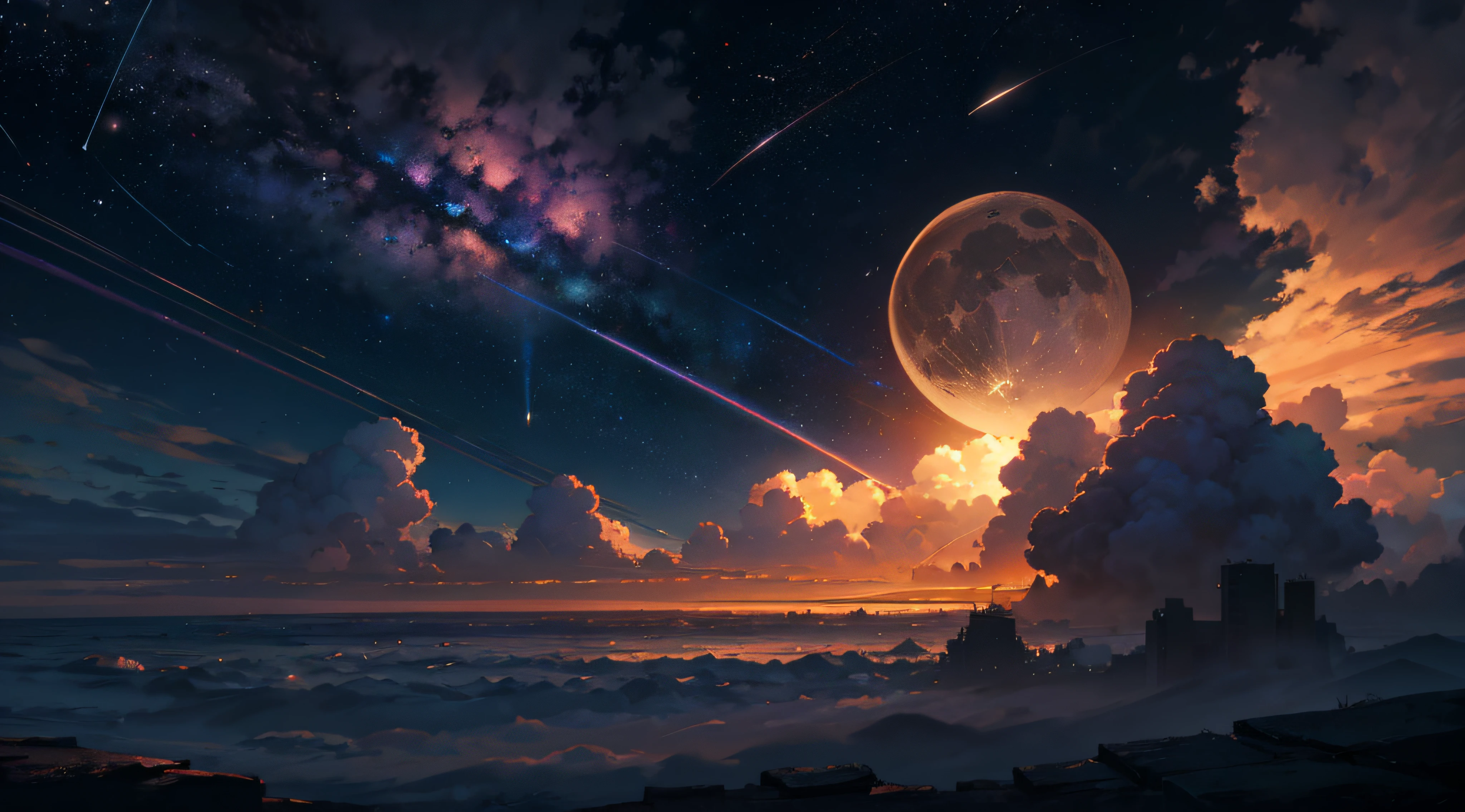 Expansive landscape photograph,(moon full:1.2),(meteors:0.9),(Starcloud:1.3),(Warm light source:1.2),(glowworm:1.2),lamp lights,Lots of purple and orange,Complicated details,Volumetriclighting,Realism BREAK(tmasterpiece:1.2),(best qualtiy),8K,Ultra-detailed,(dynamic compositions:1.4),The is very detailed,Colorful details,(Irridescent color:1.2),(luminouslighting,Atmospheric lighting),dream magical,magical,(独奏:1.2),((best qualtiy)), ((tmasterpiece)), (the detail:1.4),depth of fields,maximum definition and sharpness,perfectly proportions,Fluttering clouds,Wallpapers