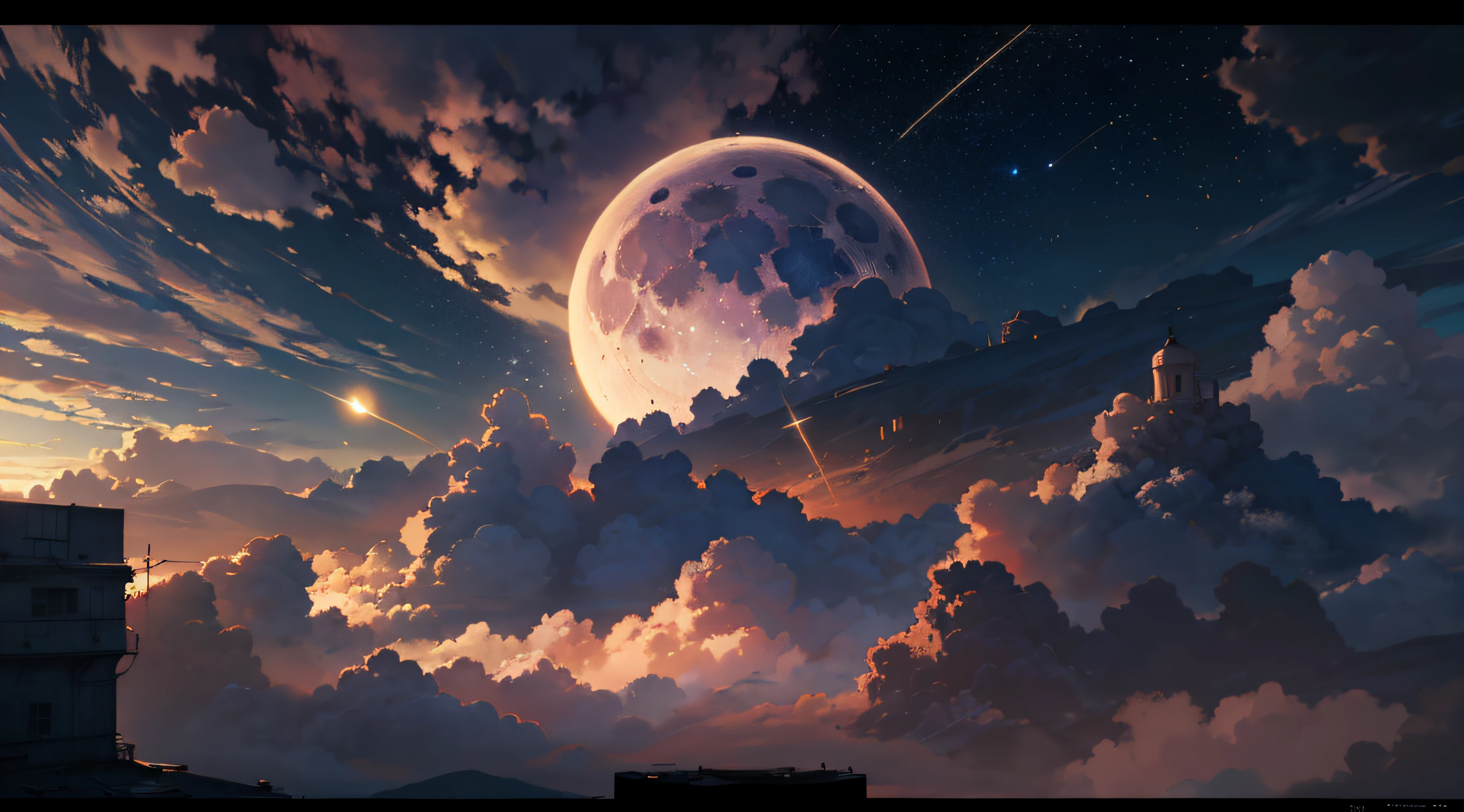 Expansive landscape photograph,(moon full:1.2),(meteors:0.9),(Starcloud:1.3),(Warm light source:1.2),(glowworm:1.2),lamp lights,Lots of purple and orange,Complicated details,Volumetriclighting,Realism BREAK(tmasterpiece:1.2),(best qualtiy),8K,Ultra-detailed,(dynamic compositions:1.4),The is very detailed,Colorful details,(Irridescent color:1.2),(luminouslighting,Atmospheric lighting),dream magical,magical,(独奏:1.2),((best qualtiy)), ((tmasterpiece)), (the detail:1.4),depth of fields,maximum definition and sharpness,perfectly proportions,Fluttering clouds,Wallpapers