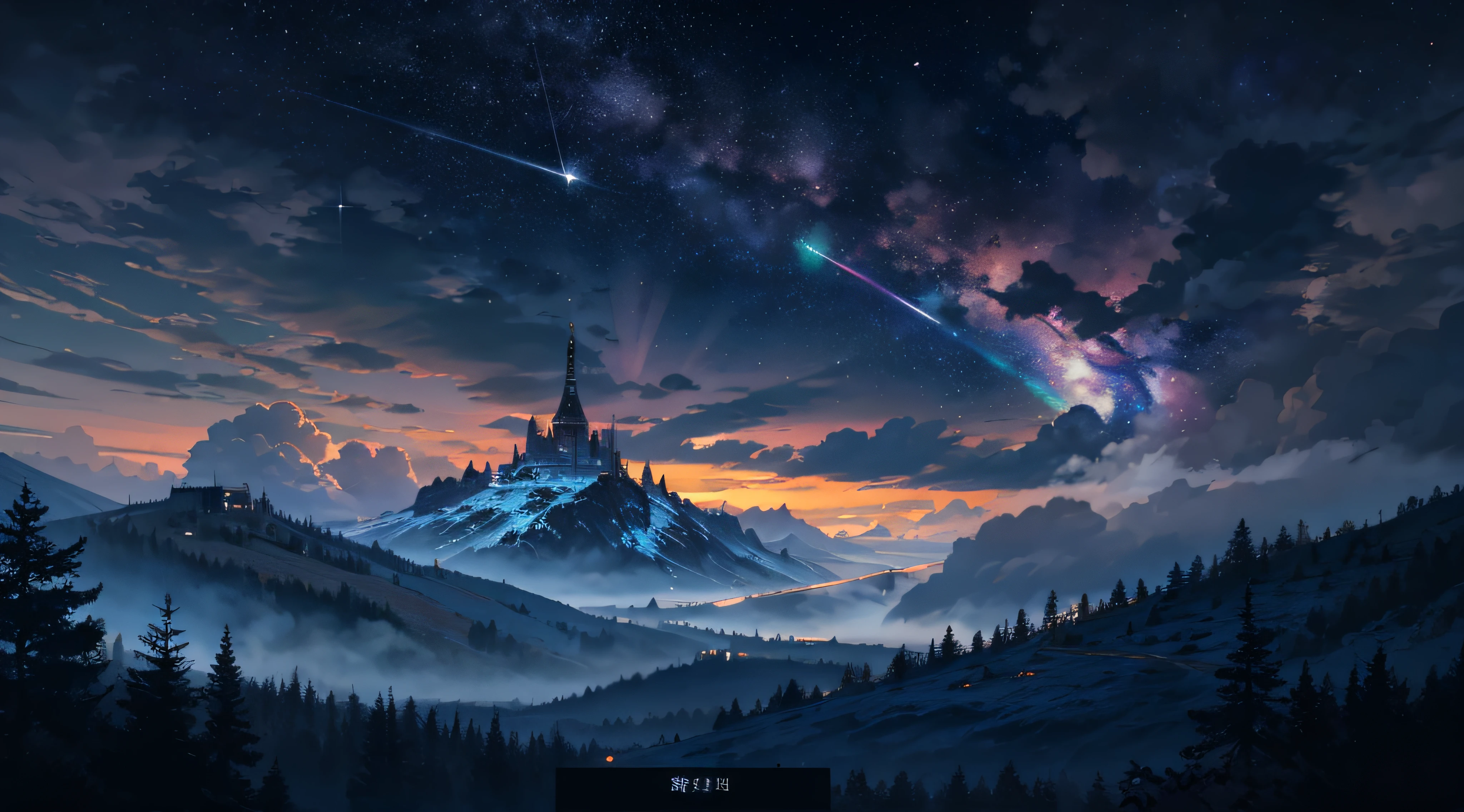 Expansive landscape photograph,(moon full:1.2),(meteors:0.9),(Starcloud:1.3),(Warm light source:1.2),(glowworm:1.2),lamp lights,Lots of purple and orange,Complicated details,Volumetriclighting,Realism BREAK(tmasterpiece:1.2),(best qualtiy),8K,Ultra-detailed,(dynamic compositions:1.4),The is very detailed,Colorful details,(Irridescent color:1.2),(luminouslighting,Atmospheric lighting),dream magical,magical,(独奏:1.2),((best qualtiy)), ((tmasterpiece)), (the detail:1.4),depth of fields,maximum definition and sharpness,perfectly proportions,Fluttering clouds,Wallpapers