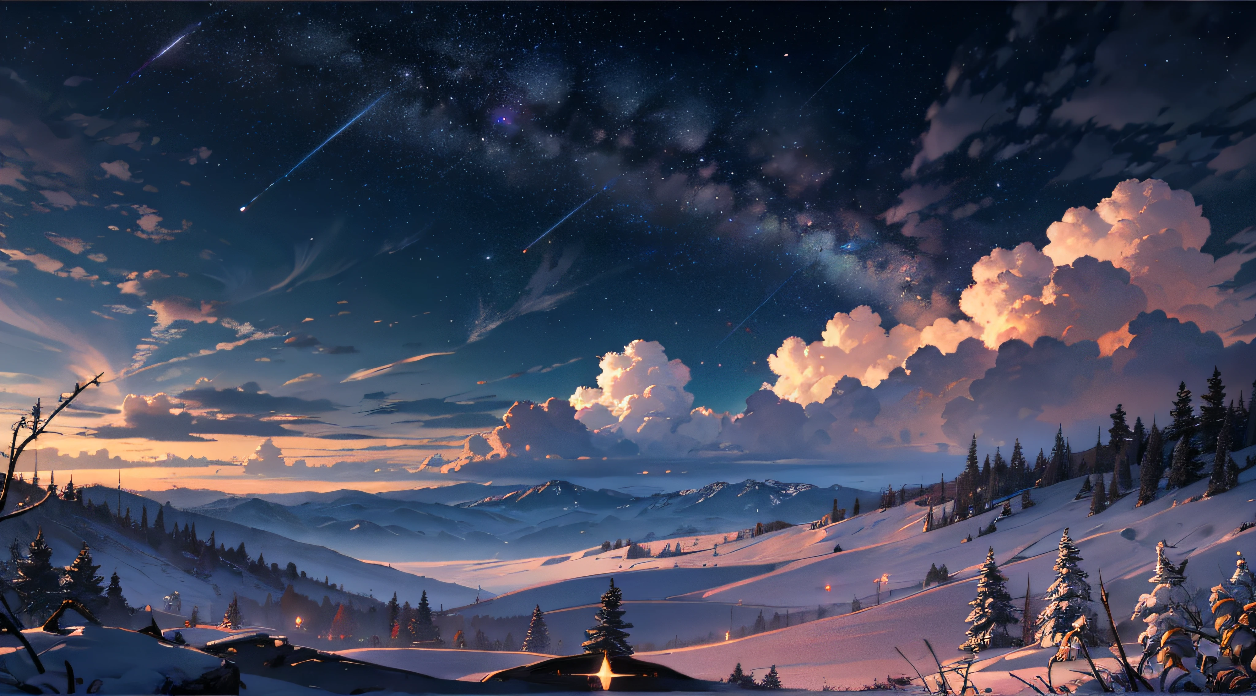 Expansive landscape photograph,(moon full:1.2),(meteors:0.9),(Starcloud:1.3),(Warm light source:1.2),(glowworm:1.2),lamp lights,Lots of purple and orange,Complicated details,Volumetriclighting,Realism BREAK(tmasterpiece:1.2),(best qualtiy),8K,Ultra-detailed,(dynamic compositions:1.4),The is very detailed,Colorful details,(Irridescent color:1.2),(luminouslighting,Atmospheric lighting),dream magical,magical,(独奏:1.2),((best qualtiy)), ((tmasterpiece)), (the detail:1.4),depth of fields,maximum definition and sharpness,perfectly proportions,Fluttering clouds,Wallpapers