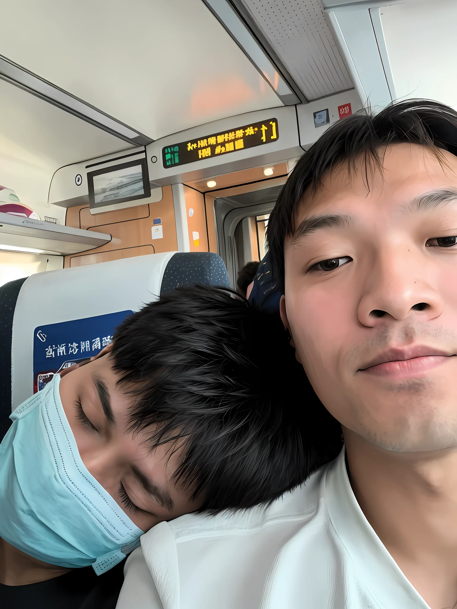 There was a man and a boy sleeping on the train, Ruan Jia and Fenghua Zhong, ruan jia and brom, long distance photo, photograph taken in 2 0 2 0, ruan jian, taken on iphone 1 3 pro, Two exhausted, taken in 2022, taken on iphone 14 pro, vacation photo