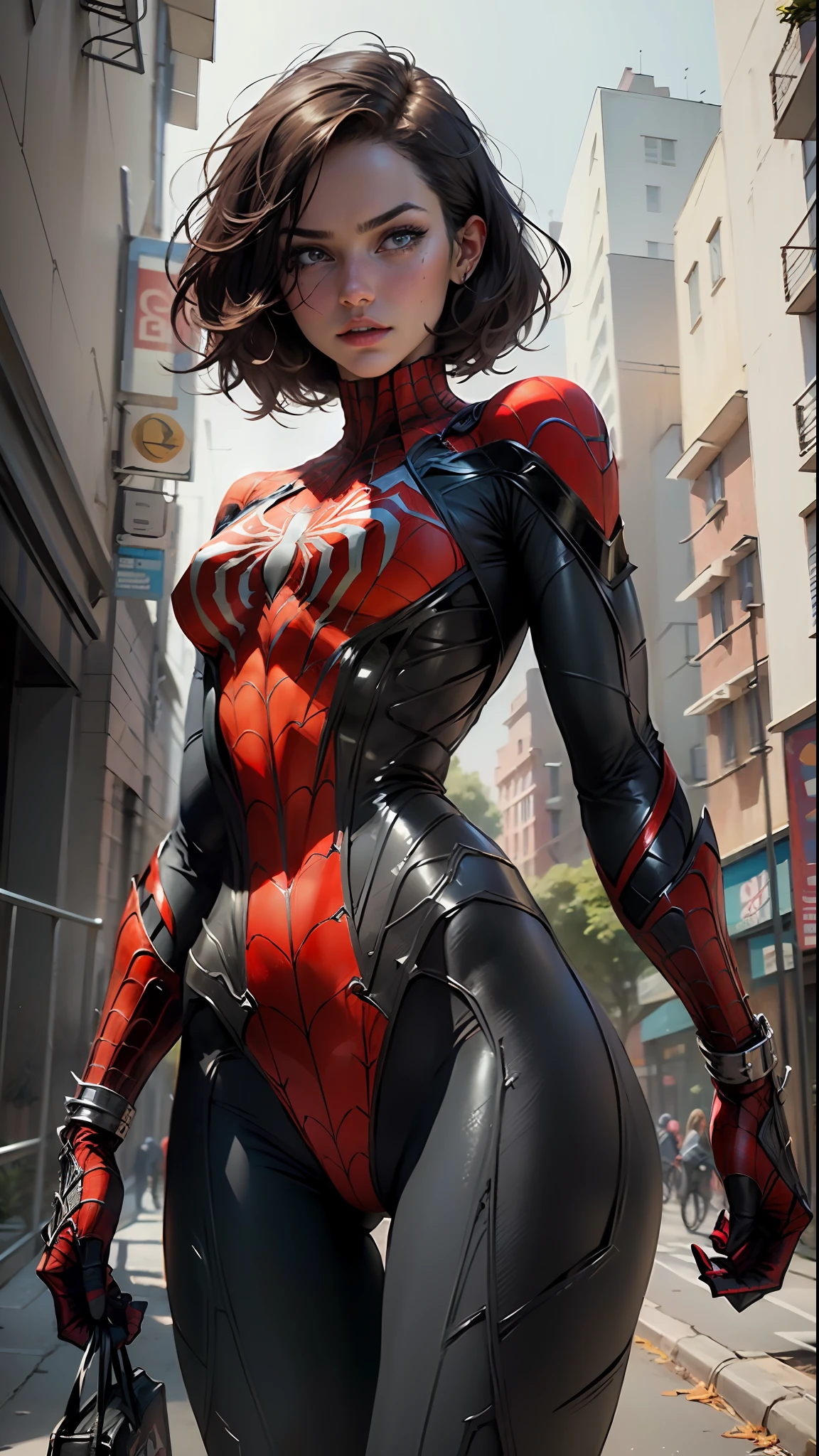 Beautiful woman with detailed defined body using Spider-Man role-play, short hair
