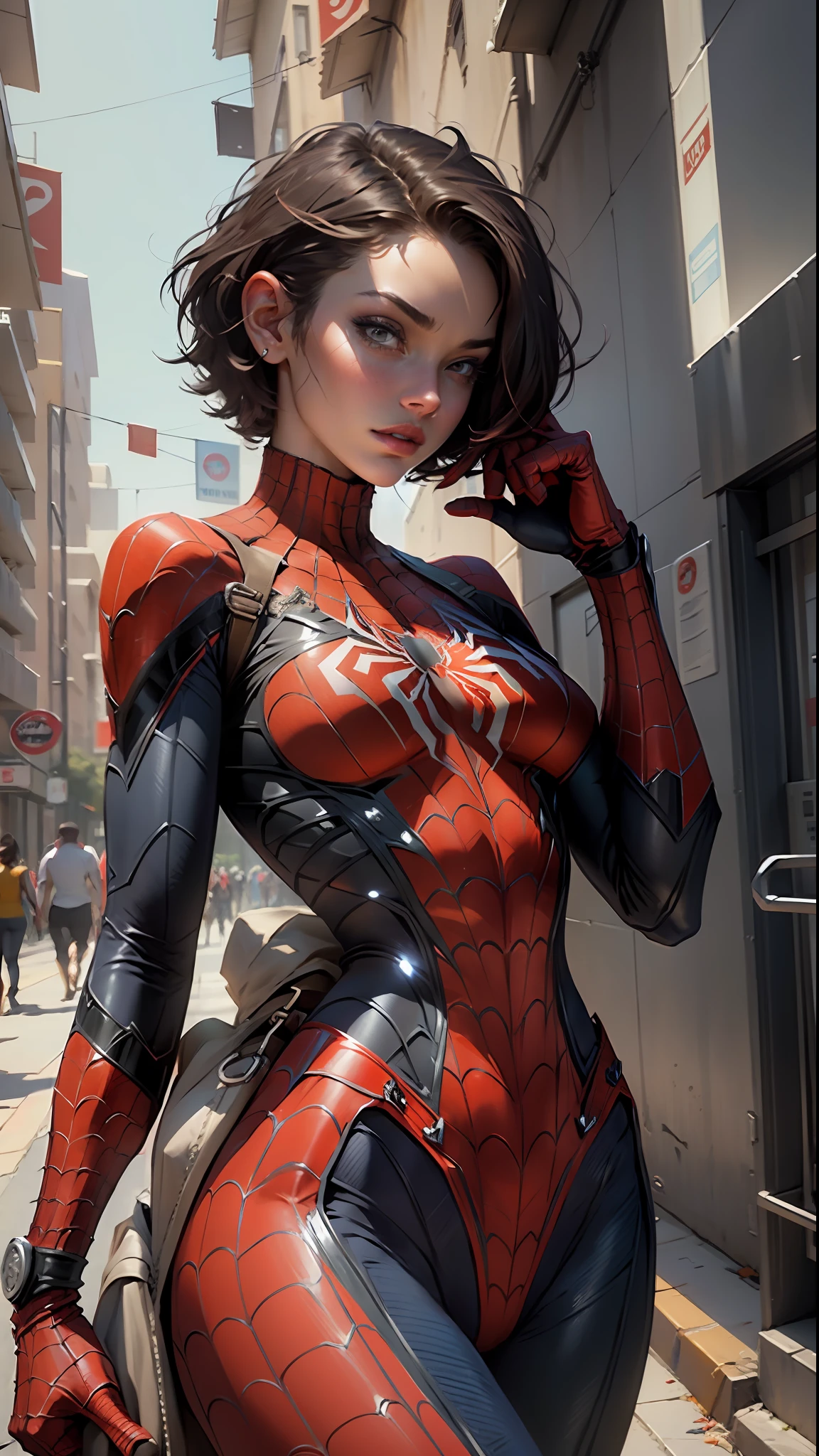 Beautiful woman with detailed defined body using Spider-Man role-play, short hair