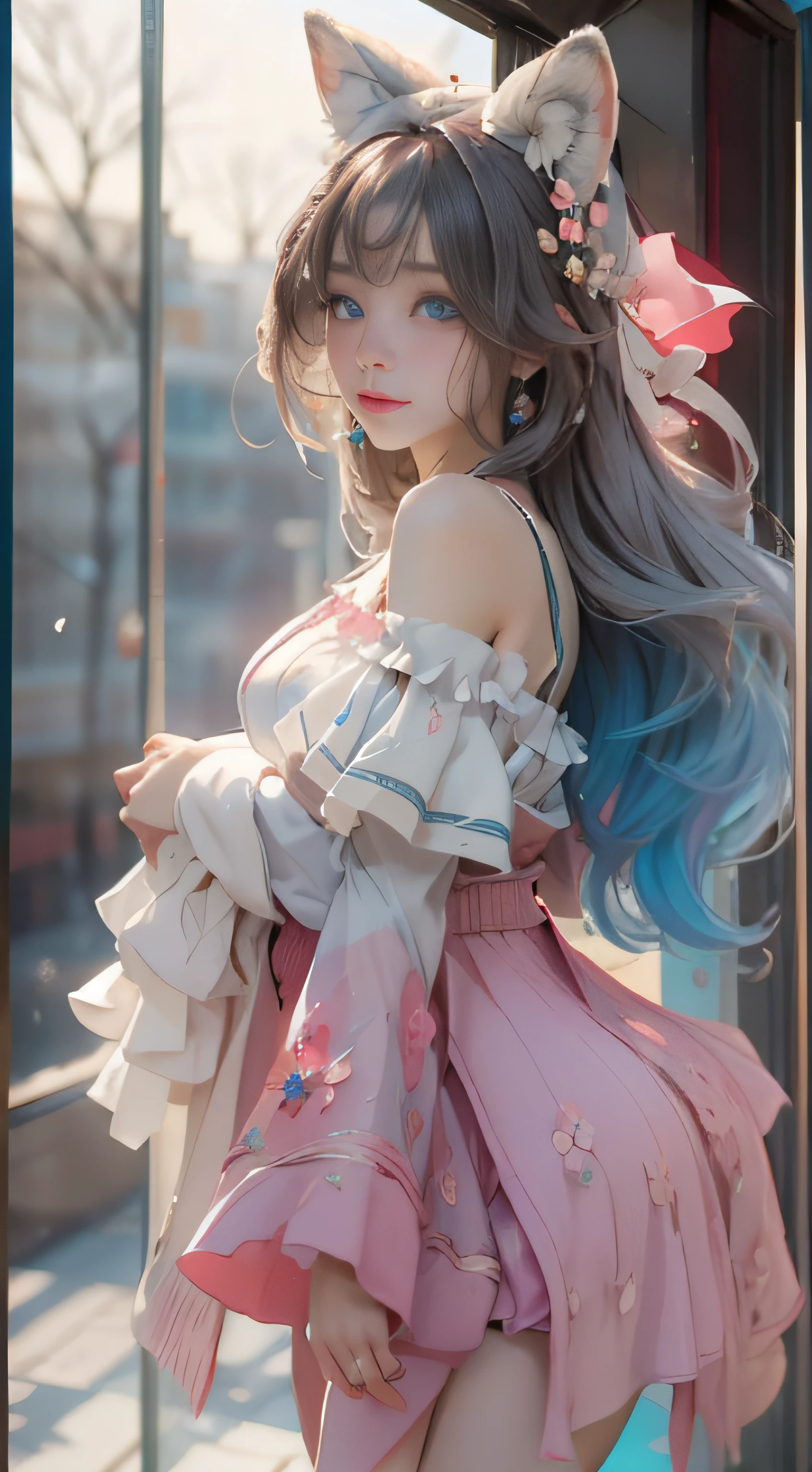 ((best qualtiy)), ((tmasterpiece)), (detail:1.4), Beautiful cyberpunk female images,hdr(HighDynamicRange),Ray traching,NVIDIA RTX,Hyper-Resolution,illusory ub surface scaing,PBR textures,post-proces,Anisotropy Filtering,depth of fields,maximum definition and sharpness,Many-Layer Textures,Albedo e mapas Speculares,Surface coloring,Mitsu-Accurate simulation of material interacctly proportioned,rendering by octane,Two-colored light,largeaperture,Low ISO,White balance,Rule three points、8K raw data、Beautiful bright blue pupils,off-the-shoulder clothes,Fine pupils,Delicate face and eyes,long eyelasher,Blushlush,Delicate and fluffy hair,pink lip,Pure,Cute face,Sweet girl,Artistic sense,Casual wear,Advancedsense,butterflys,Cherry som petal,Beautiful hair accessories,Long hair and waist,Hair fluttering in the wind,Snow-white fox ears,curlies,Snow-white fluffy tail,Positive light,The light from the back window is backlighted