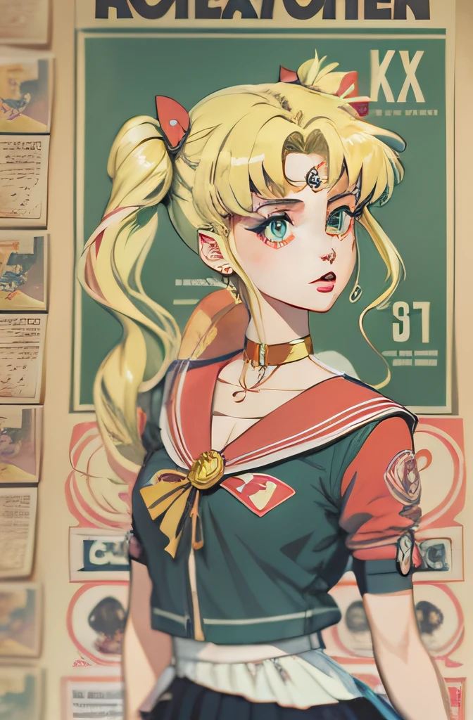 an anime girl with blonde hair on front of a poster,Sailor Moon, in the style of vintage aesthetics, posh outfitcelebrity and pop culture references, animated gifs, gritty
reportage, asante art 32k uhd, 19th century