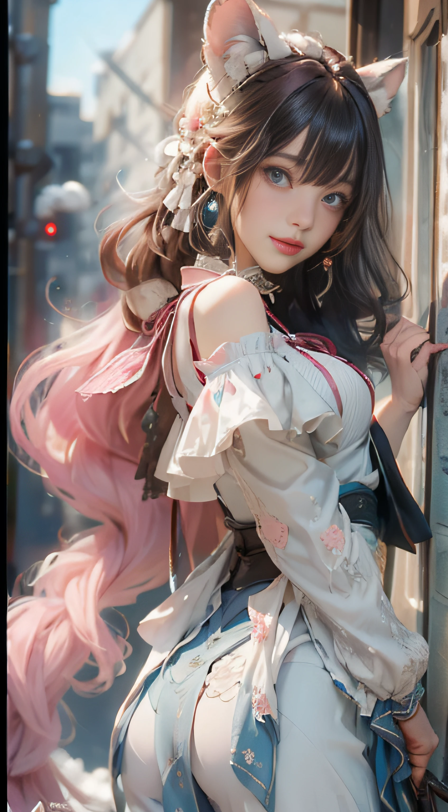 ((best qualtiy)), ((tmasterpiece)), (detail:1.4), Beautiful cyberpunk female images,hdr(HighDynamicRange),Ray traching,NVIDIA RTX,Hyper-Resolution,illusory 5,sub surface scattering,PBR textures,post-proces,Anisotropy Filtering,depth of fields,maximum definition and sharpness,Many-Layer Textures,Albedo e mapas Speculares,Surface coloring,Mitsu-Accurate simulation of material interactions,perfectly proportioned,rendering by octane,Two-colored light,largeaperture,Low ISO,White balance,Rule three points、8K raw data、Beautiful bright blue pupils,off-the-shoulder clothes,Fine pupils,Delicate face and eyes,long eyelasher,Blushlush,Delicate and fluffy hair,pink lip,Pure,Cute face,Sweet girl,Artistic sense,Casual wear,Advancedsense,butterflys,Cherry blossom petal,Beautiful hair accessories,Long hair and waist,Hair fluttering in the wind,Snow-white fox ears,curlies,Snow-white fluffy tail,Positive light,The light from the back window is backlighted