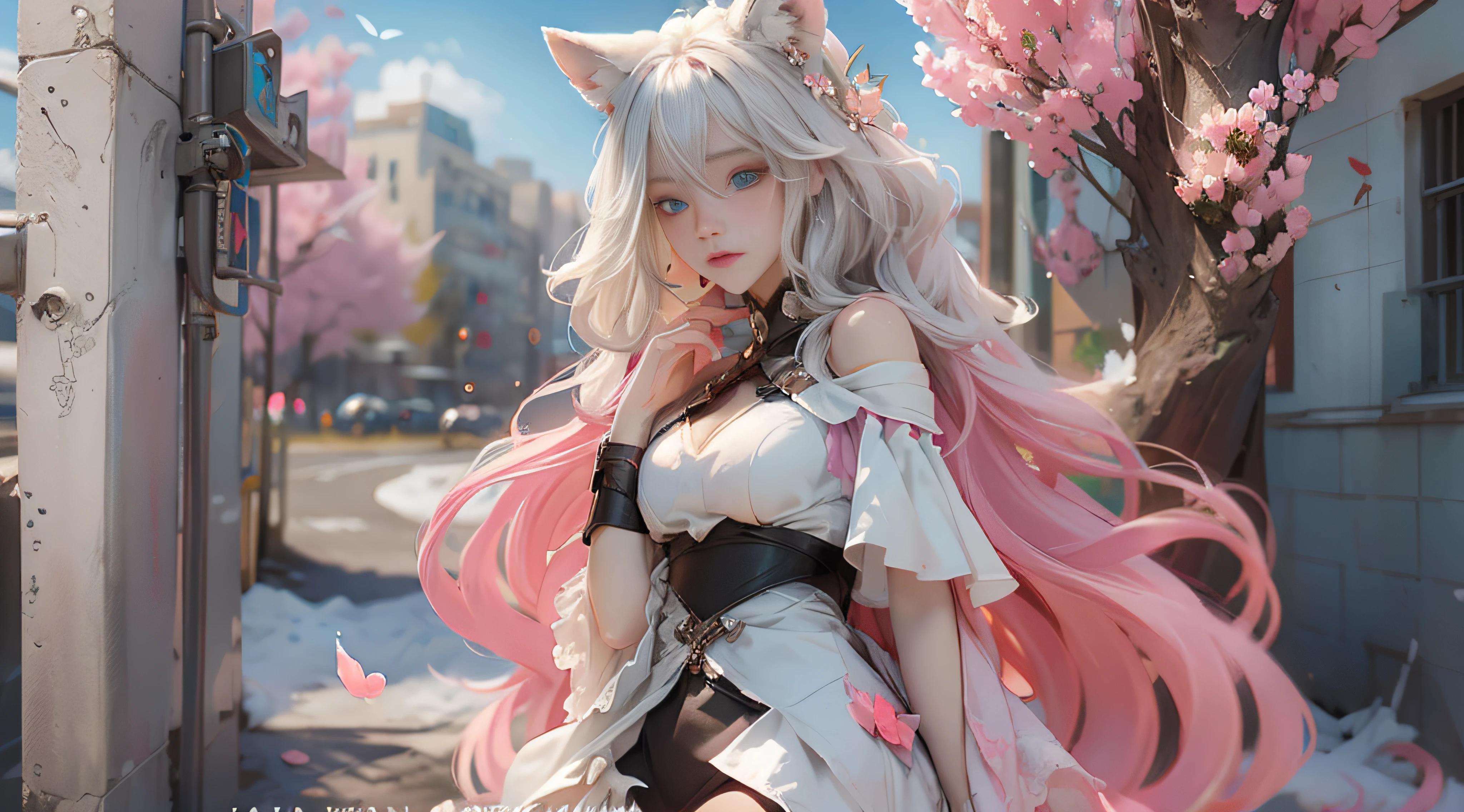((best qualtiy)), ((tmasterpiece)), (detail:1.4), Beautiful cyberpunk female images,hdr(HighDynamicRange),Ray traching,NVIDIA RTX,Hyper-Resolution,illusory ub surface scaing,PBR textures,post-proces,Anisotropy Filtering,depth of fields,maximum definition and sharpness,Many-Layer Textures,Albedo e mapas Speculares,Surface coloring,Mitsu-Accurate simulation of material interacctly proportioned,rendering by octane,Two-colored light,largeaperture,Low ISO,White balance,Rule three points、8K raw data、Beautiful bright blue pupils,off-the-shoulder clothes,Fine pupils,Delicate face and eyes,long eyelasher,Blushlush,Delicate and fluffy hair,pink lip,Pure,Cute face,Sweet girl,Artistic sense,Casual wear,Advancedsense,butterflys,Cherry som petal,Beautiful hair accessories,Long hair and waist,Hair fluttering in the wind,Snow-white fox ears,curlies,Snow-white fluffy tail,Positive light,The light from the back window is backlighted