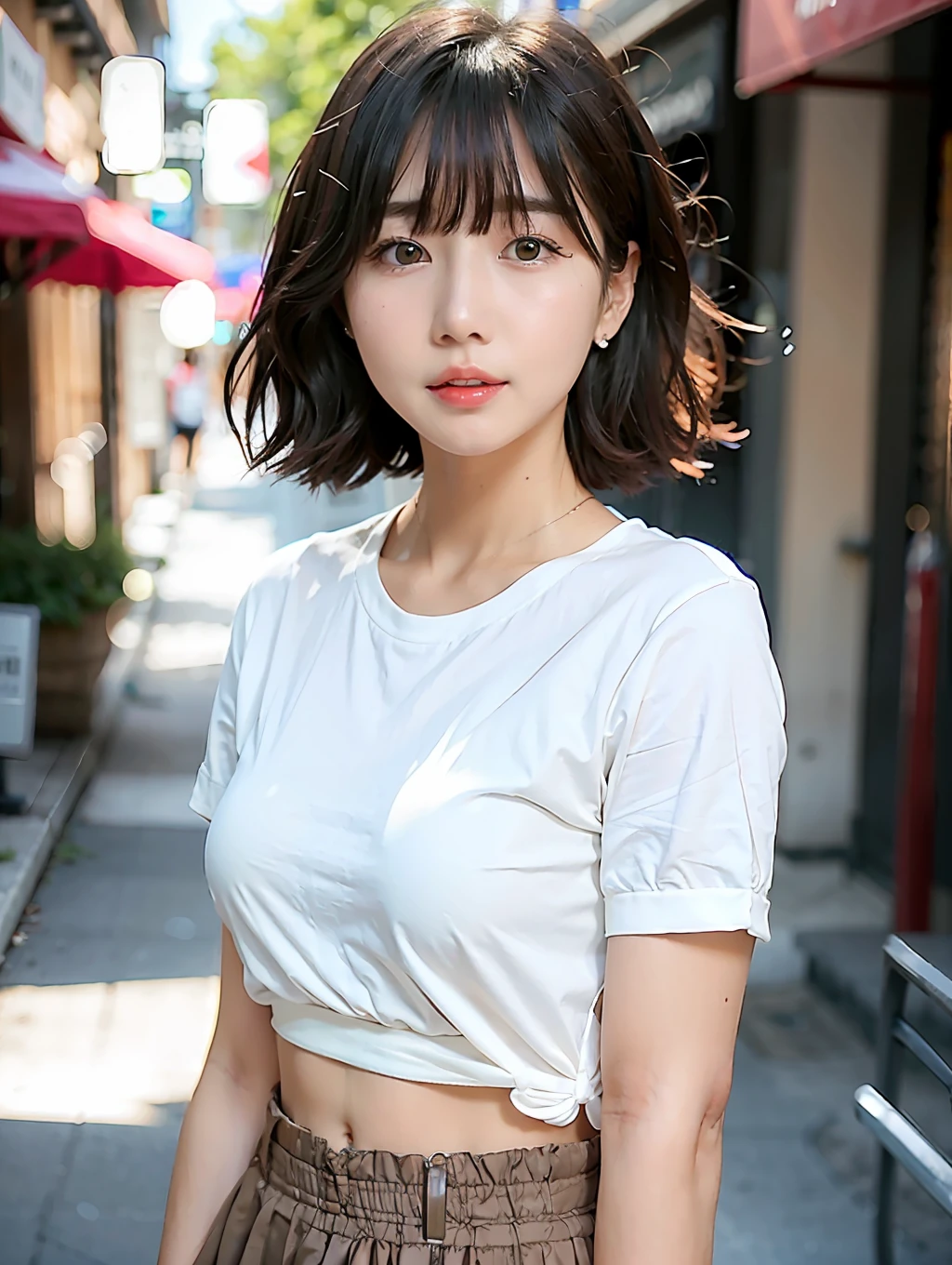 Woman in white shirt and brown skirt standing on street, Gorgeous young Korean woman, Beautiful young Korean woman, beautiful Korean women, Korean Girl, With short hair, korean female fashion model, Beautiful Asian Girl, Korean Woman, Cute Korean Actress, Young adorable Korean face, girl cute-fine-face, with short hair with bangs