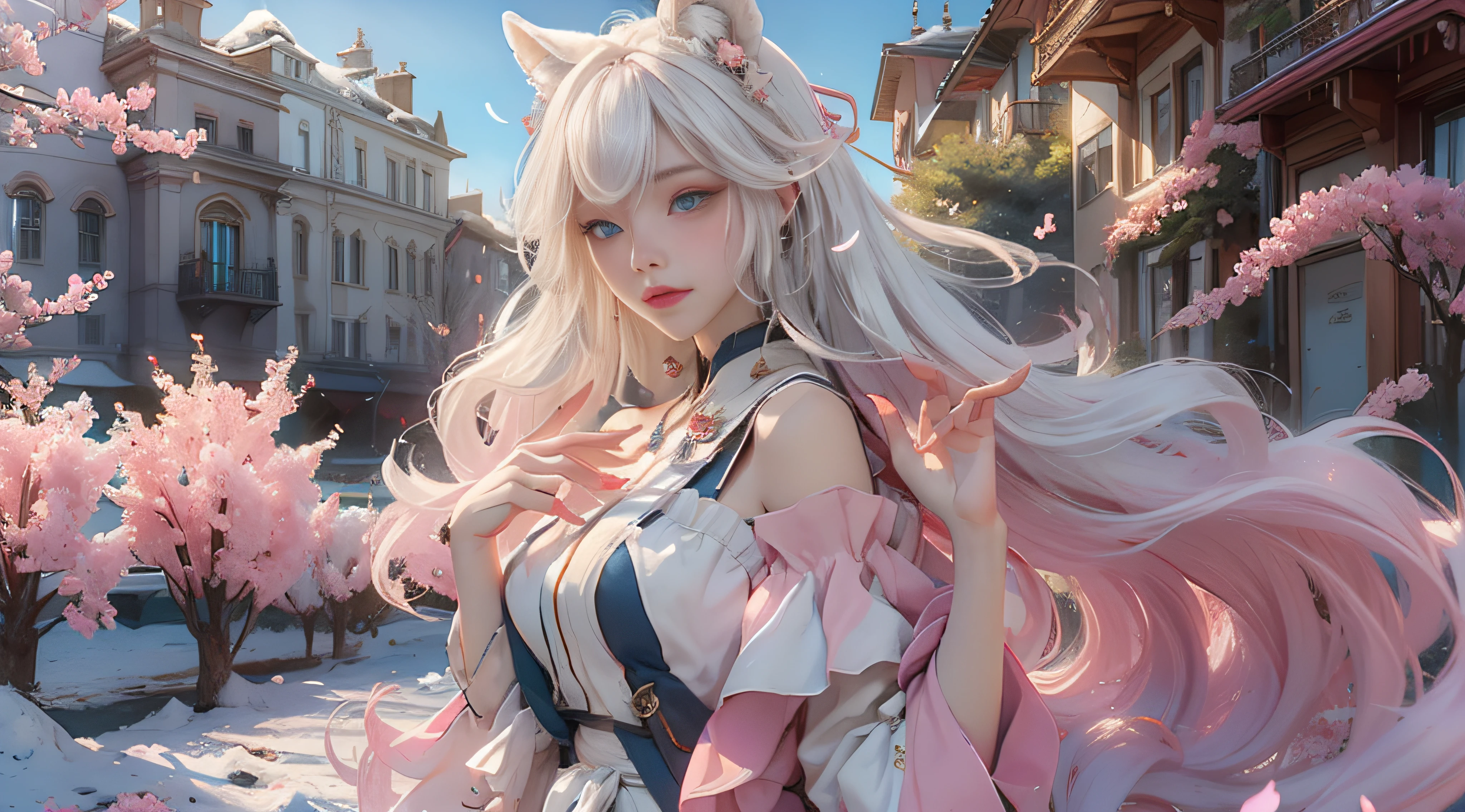 ((best qualtiy)), ((tmasterpiece)), (detail:1.4), Beautiful cyberpunk female images,hdr(HighDynamicRange),Ray traching,NVIDIA RTX,Hyper-Resolution,illusory 5,sub surface scattering,PBR textures,post-proces,Anisotropy Filtering,depth of fields,maximum definition and sharpness,Many-Layer Textures,Albedo e mapas Speculares,Surface coloring,Mitsu-Accurate simulation of material interactions,perfectly proportioned,rendering by octane,Two-colored light,largeaperture,Low ISO,White balance,Rule three points、8K raw data、Beautiful bright blue pupils,off-the-shoulder clothes,Fine pupils,Delicate face and eyes,long eyelasher,Blushlush,Delicate and fluffy hair,pink lip,Pure,Cute face,Sweet girl,Artistic sense,Casual wear,Advancedsense,butterflys,Cherry blossom petal,Beautiful hair accessories,Long hair and waist,Hair fluttering in the wind,Snow-white fox ears,curlies,Snow-white fluffy tail,Positive light,The light from the back window is backlighted