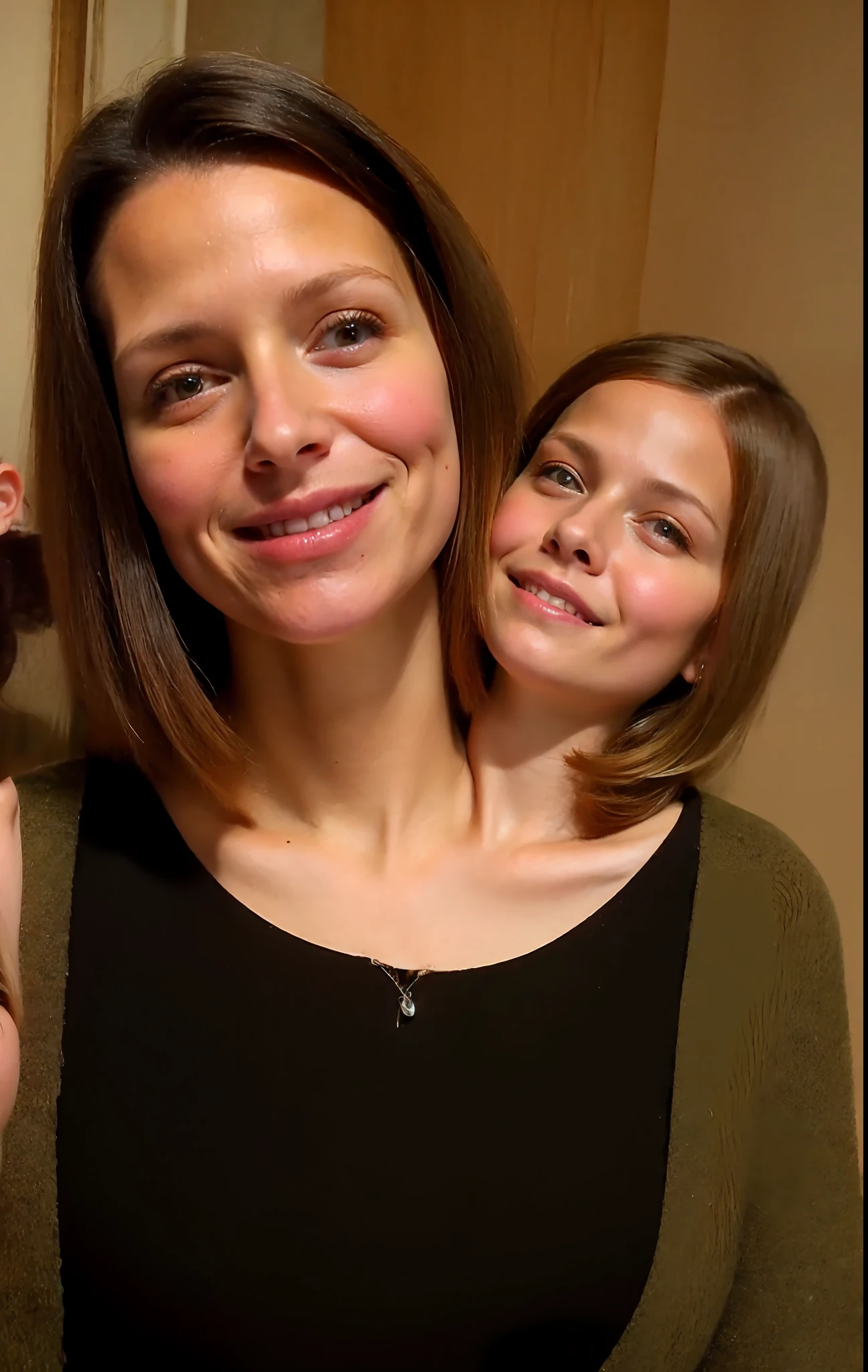 2heads, two headed girl, (mom and daughter:1.5), (young child:1.5), (female:1.5), (blonde:1.5), (two heads attached to one body:1.4), conjoined twins, heads side by side, one body, young, uncomfortable, barefoot