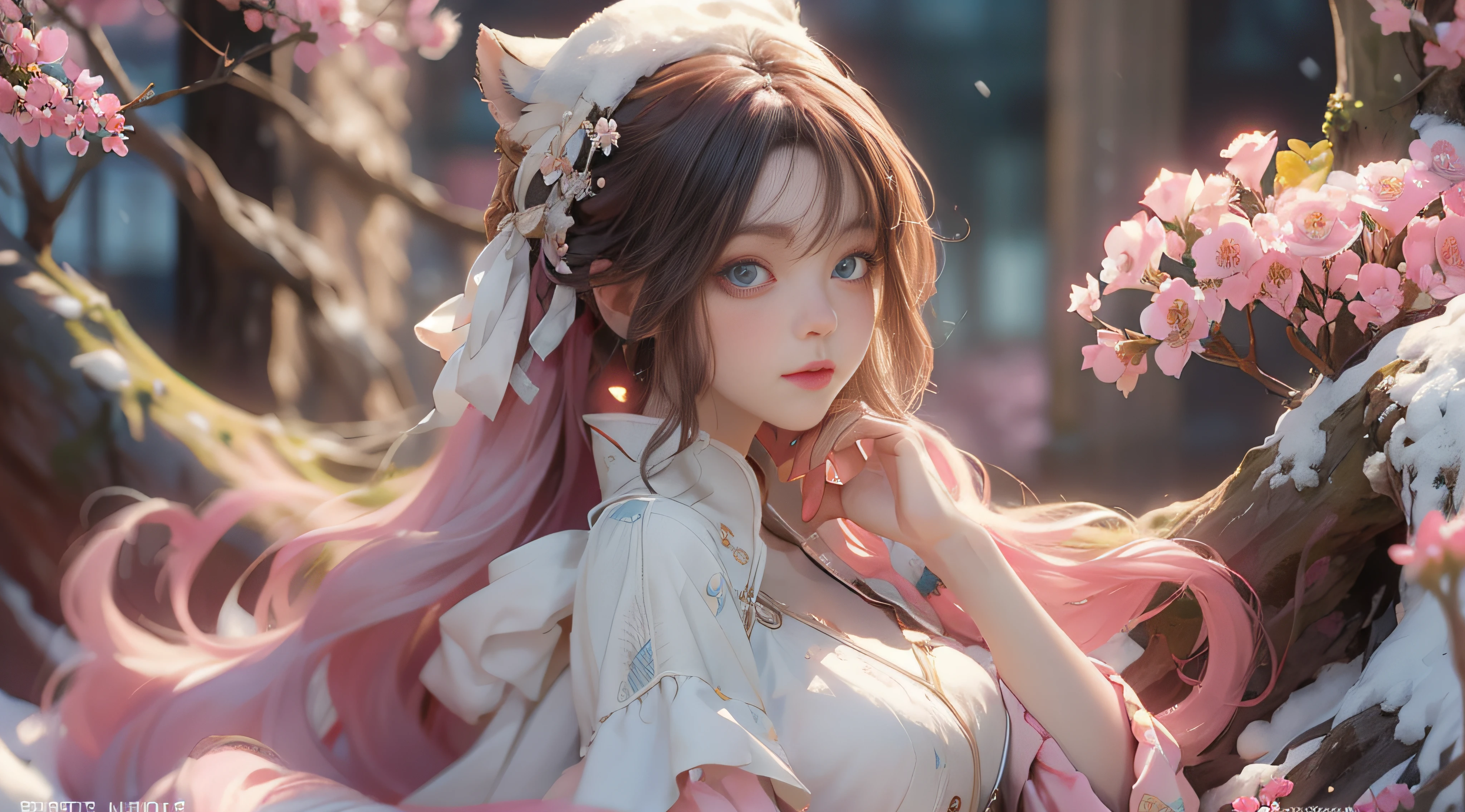 ((best qualtiy)), ((tmasterpiece)), (detail:1.4), Beautiful cyberpunk female images,hdr(HighDynamicRange),Ray traching,NVIDIA RTX,Hyper-Resolution,illusory 5,sub surface scattering,PBR textures,post-proces,Anisotropy Filtering,depth of fields,maximum definition and sharpness,Many-Layer Textures,Albedo e mapas Speculares,Surface coloring,Mitsu-Accurate simulation of material interactions,perfectly proportioned,rendering by octane,Two-colored light,largeaperture,Low ISO,White balance,Rule three points、8K raw data、Beautiful bright blue pupils,off-the-shoulder clothes,Fine pupils,Delicate face and eyes,long eyelasher,Blushlush,Delicate and fluffy hair,pink lip,Pure,Cute face,Sweet girl,Artistic sense,Casual wear,Advancedsense,butterflys,Cherry blossom petal,Beautiful hair accessories,Long hair and waist,Hair fluttering in the wind,Snow-white fox ears,curlies,Snow-white fluffy tail,Positive light,The light from the back window is backlighted