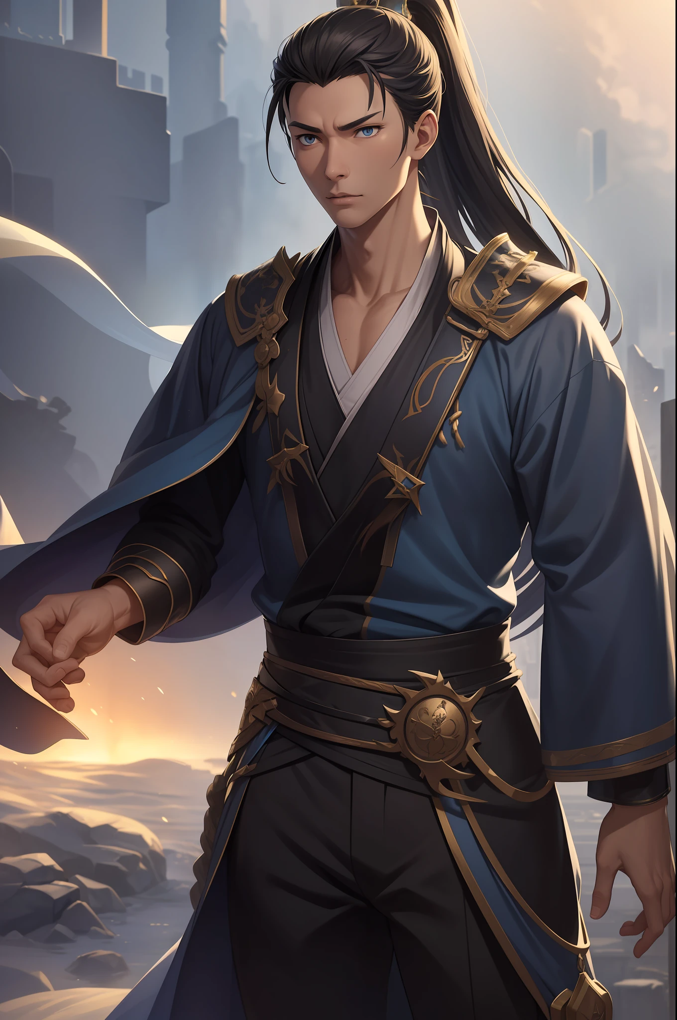 quadratic element,style of anime,mtu(Male Warrior),The proportions are correct,Face details,swordsmen,High ponytail hairstyle,Neck details,There is an Adam's apple,Blue suit,kaftan,long blue robes,clothes details,Handing over,longer sleeves,Game quality,Swordsmanship,Light and shadow tracking,Ray traching,detailed glow,cg render,hair detail,Blue long hair,blue colored eyes,Handsome,Handsome,(juvenile sense),Clothing is complicated,Perfectcomposition,Refinement,high qulity,higher details,Lots of details,The background is complex,a sense of atmosphere,