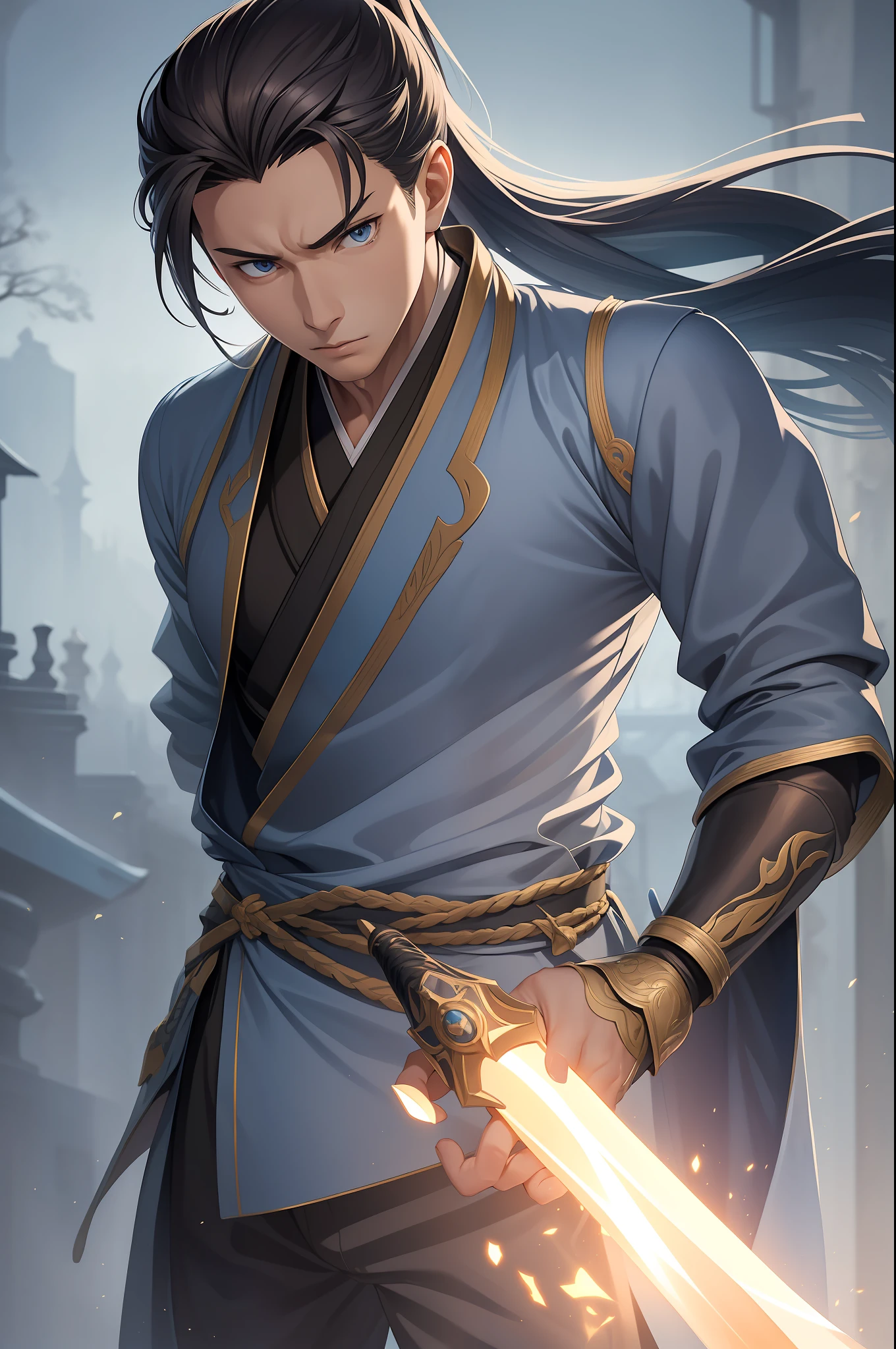 quadratic element，style of anime，mtu（Male Warrior），The proportions are correct，Face details，swordsmen，High ponytail hairstyle，Neck details，There is an Adam's apple，Blue suit，kaftan，long blue robes，clothes details，Handing over，longer sleeves，Game quality，Swordsmanship，Light and shadow tracking，Ray traching，detailed glow，cg render，hair detail，Blue long hair，blue colored eyes，Handsome，Handsome，（juvenile sense），Clothing is complicated，Perfectcomposition，Refinement，high qulity，higher details，Lots of details，The background is complex，a sense of atmosphere，