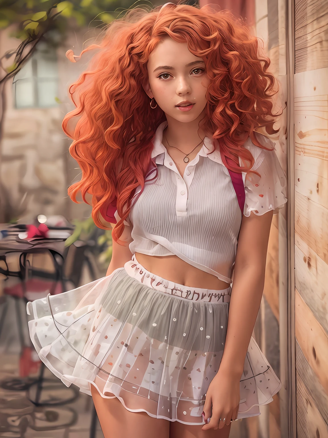 A young ager redhead with curly hair and freakless dressed like high schooler showing her transparent panty, skirt up