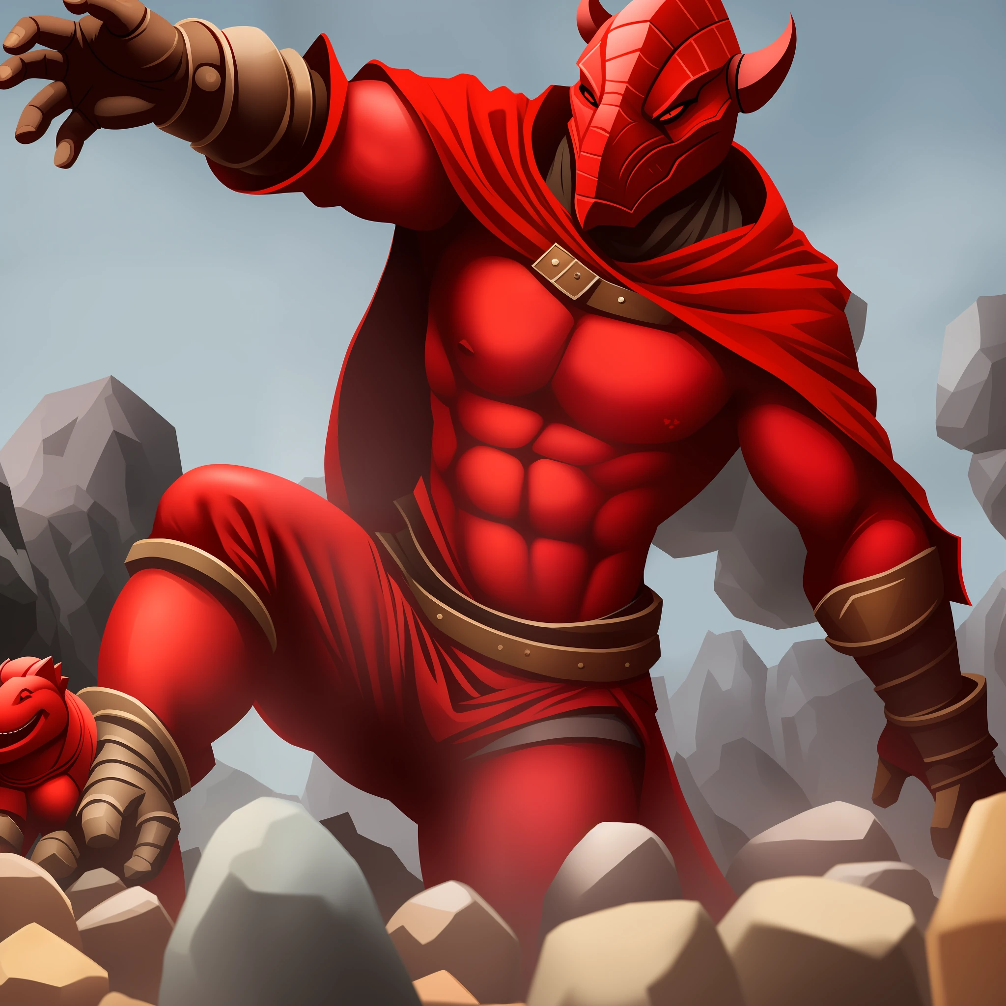Red Dragonborn wearing a cape holding some rocks