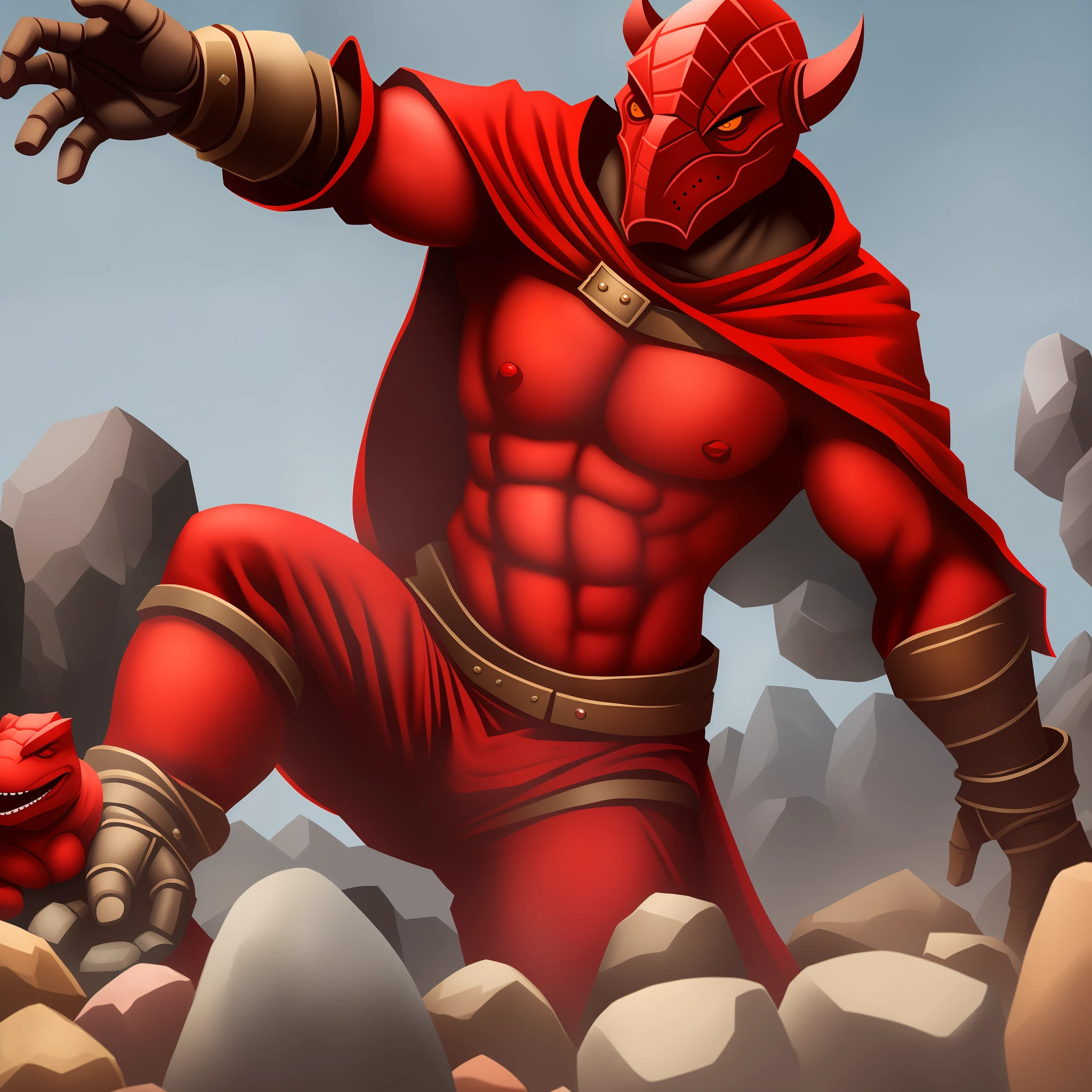 Red Dragonborn wearing a cape holding some rocks