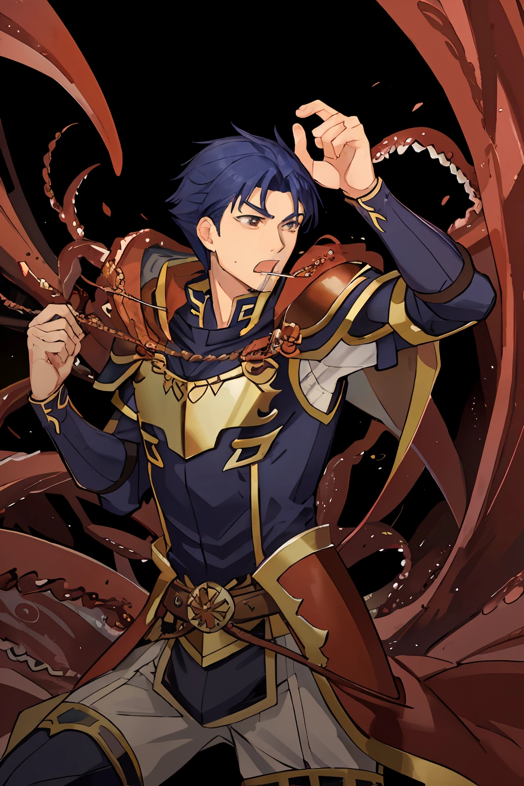 Hector Fey(adult man), 独奏, ember,looking at viewert,hale and hearty,Tough guy,Handsome,Handsome,Tied by tentacles(Mucus-secreting tentacles) ,with her mouth open,drools,perspire,Strong,Magnificent,Tight combat uniform,Armour,Armour,Get wet, mitts, 1 man,weeping,Be red in the face, Male focus,Tentacles wrapped around thighs(Octopus tentacles wrap around thighs), cloaks, Armour, Shoulder armor, Soaked leggings,Wrists bound by tentacles,Waist wrapped around tentacles