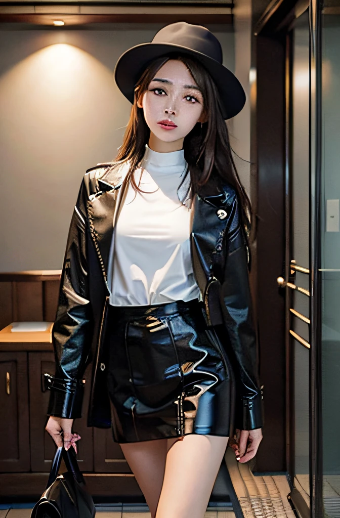 Masterpiece, Best picture quality, A beautyful girl, Detailed eyes, Swollen eyes, Brown hair, Long hair, Fair skin, Cute, Cute legs, Short skirt, Japanese woman, Asian beauty, Moonlight, Strong eyes, Professional lighting, Bright lighting, Double eyelids, Slender, Japanese woman, Asian beauty, heartthrob, Checked jacket, Short skirt, Smile, Sweat, fresh, Detective, Sherlock Holmes costume, Check clothing, Hat,