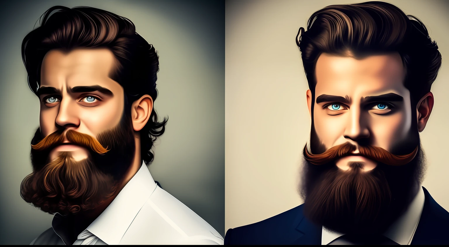 on one side the picture of a bearded man with the sad expression, on the other side the picture of a bearded man with the cheerful expression;