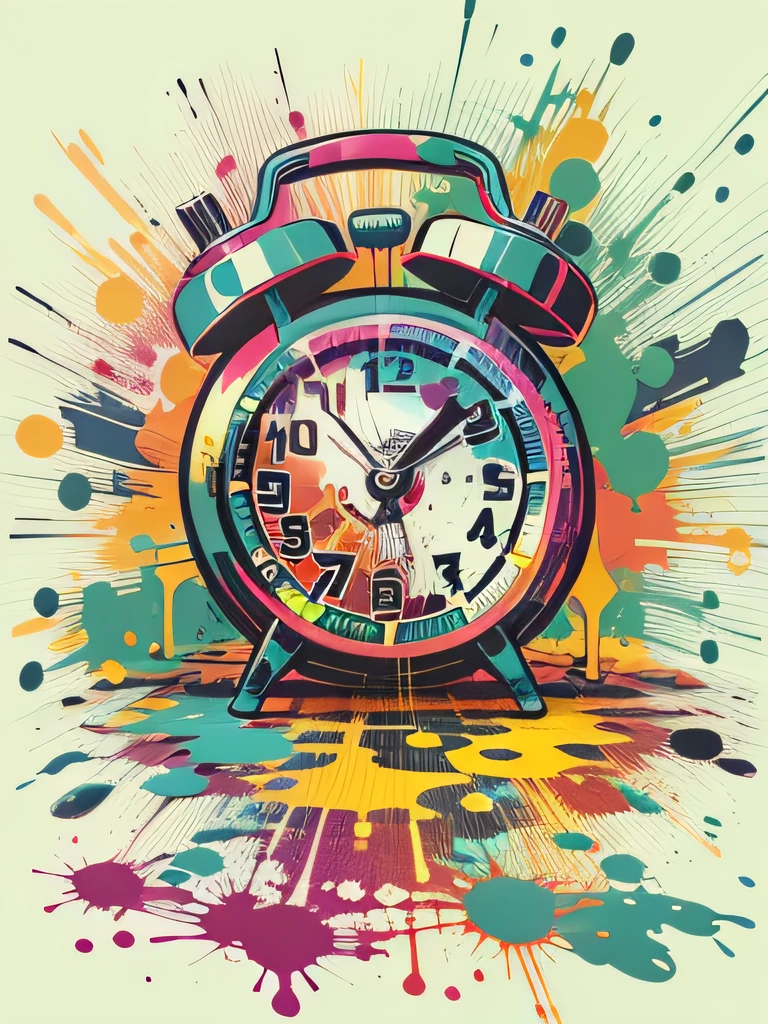 vector art, Colorful illustration with graffiti alarm clock, in the center, Bright colors, paint splashes and blots, high detail, whitebackground