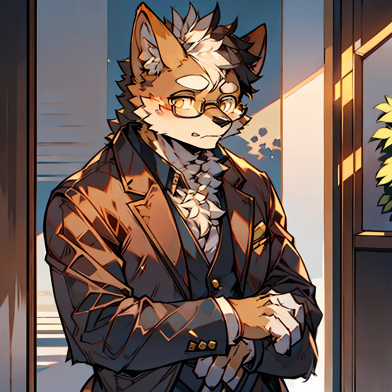 solo person，shaggy male，Furry，lbeard，Middle Age，Dogs，Shiba dog，dressed in a suit，light brown fur，Gold eyes，Wearing glasses，contemplative，Detective，