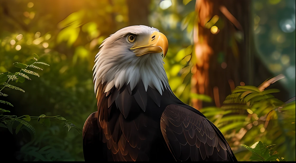 There is a bald eagle in the middle of a forest, an eagle, olhando majestoso na floresta, bald eagle, Eagle Head, aquila, with the beak of an eagle, head of an eagle, olhar orgulhoso, arte digital animal foto, beak of an eagle, foto de retrato, eagle beak, eagles, Falvie, foto de perfil, foto altamente realista